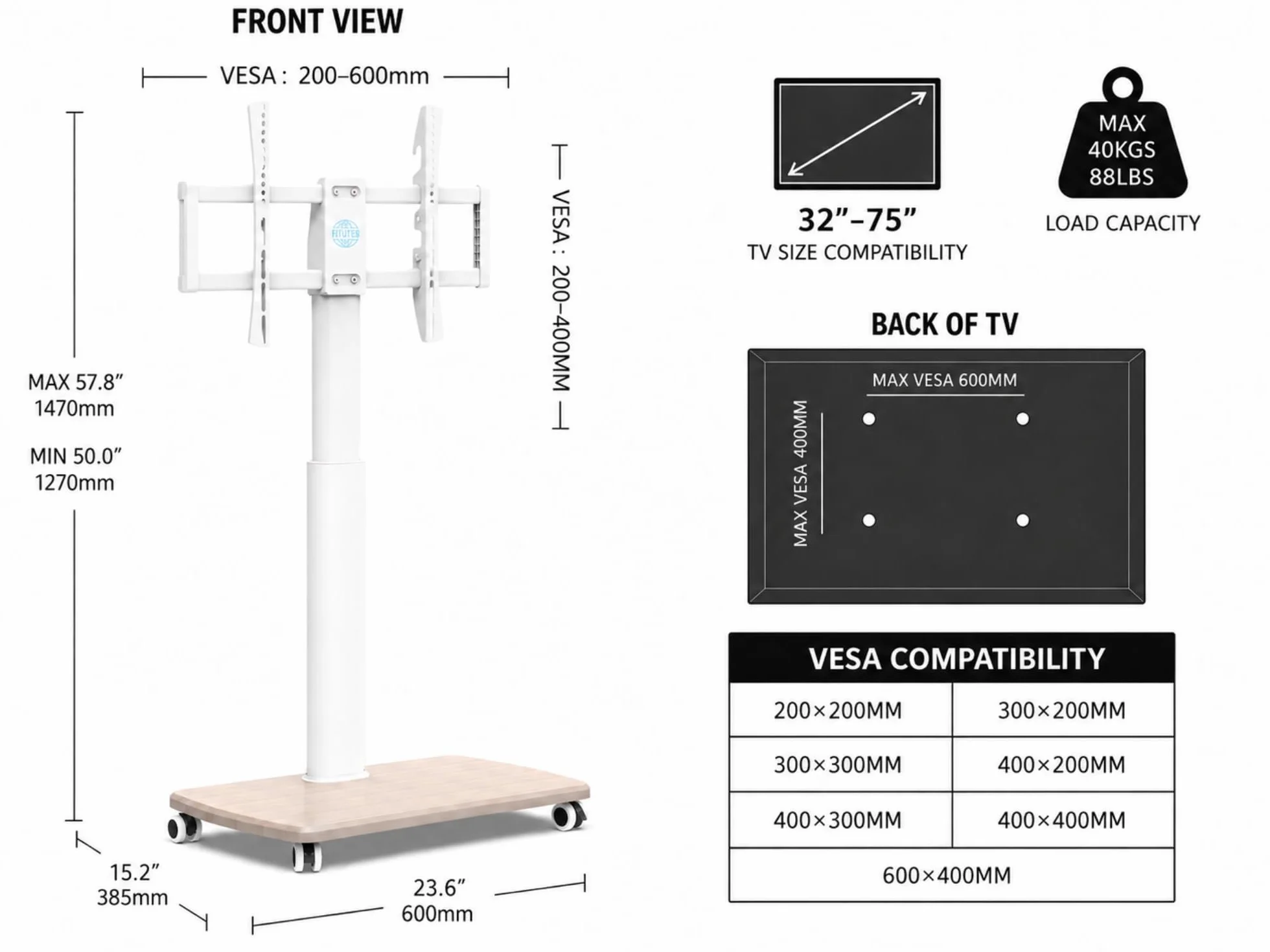FITUEYES Rolling TV Stand for 32 to 65 70 Inch TVs, Portable Mobile TV Cart on Wheels, Tall Universal TV Floor Stands with Swivel Mount, Fit Corner, Bedroom, Living Room, Small Dorm (White)
