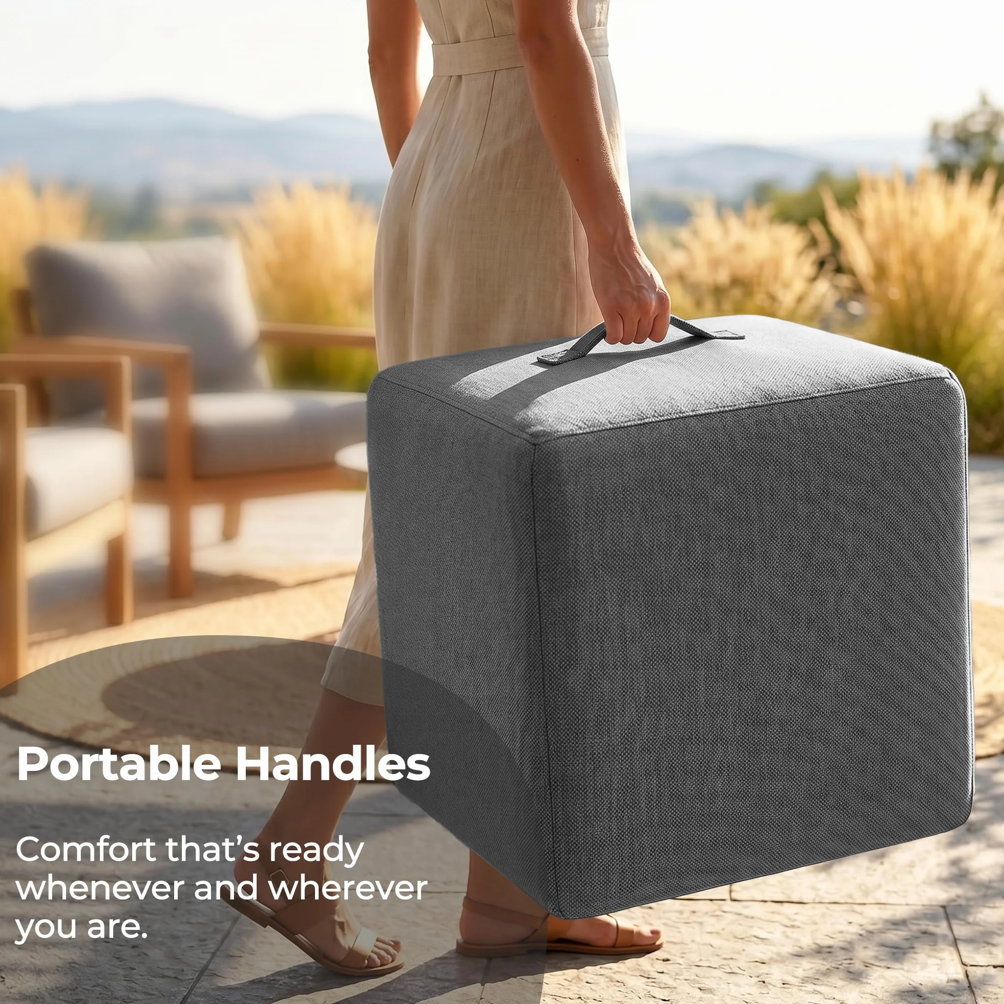 Square Outdoor Ottoman Pouf, 24" Waterproof Patio Foot Rest, Dark Gray | Ottoman Foot Rest, Comfy Footstool, Boneless Ottoman, Solid High-Density Foam, Outside Couch & Seating