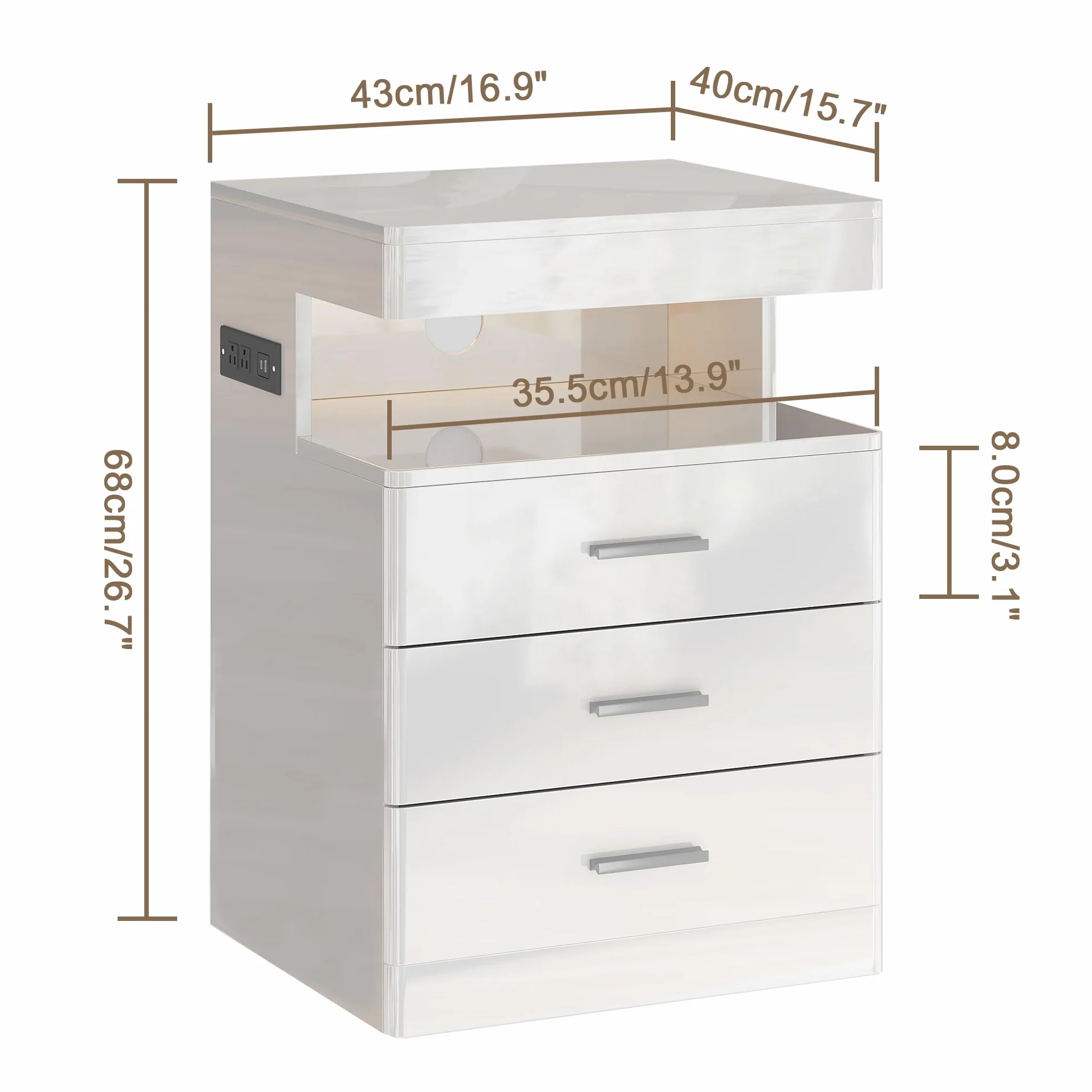 Treocho Led Nightstand with Hidden Space & Charging Station | 3 Drawer Smart Nightstand, Glossy Finish, RGB Lights, Tall Bedside Table for Bedroom, White