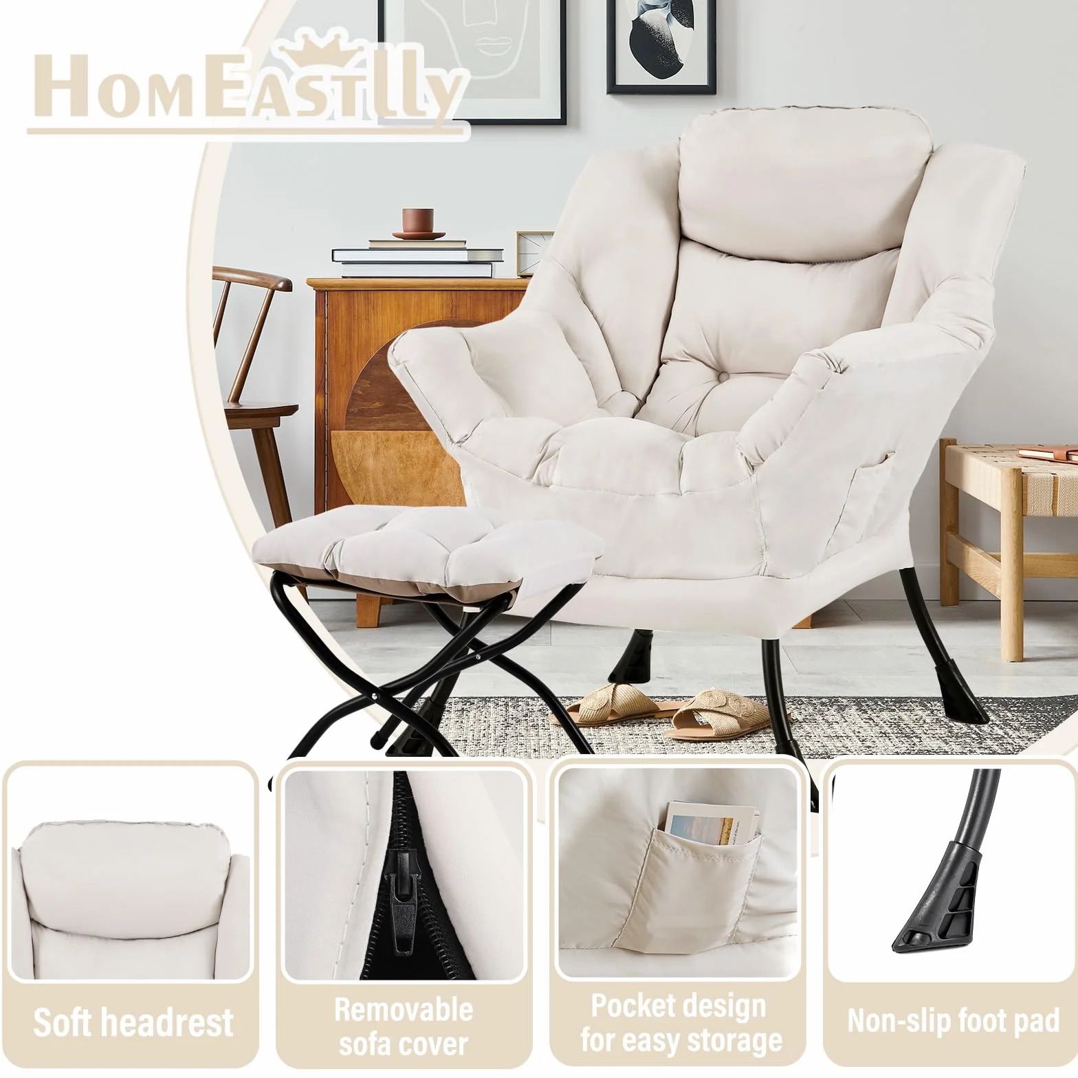 Lazy Chair with Ottoman, Soft Comfy Chair for Bedroom, Beige | Reading Accent Lounge Chair with folding Foot Stool for Living Room Dorm Apartment, sturdy metal frame