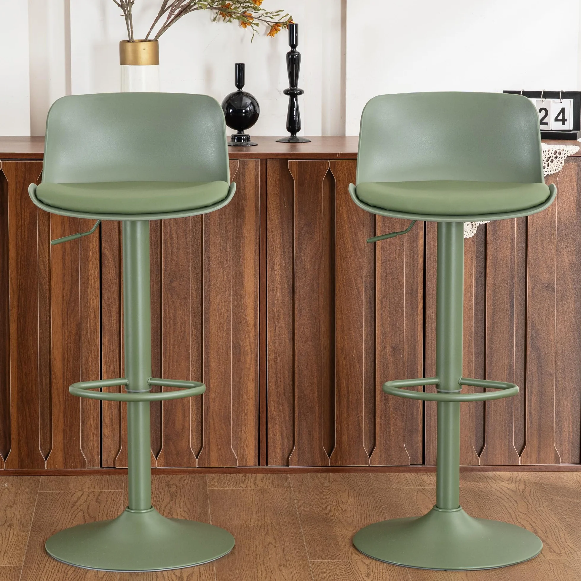 Kidol & Shellder Adjustable Swivel Bar Stools Set of 2 Olive Green | Modern PU Leather barstools, Counter Height Stools with Back, Metal Base for Kitchen Island Home Bar, Green Bar Stool