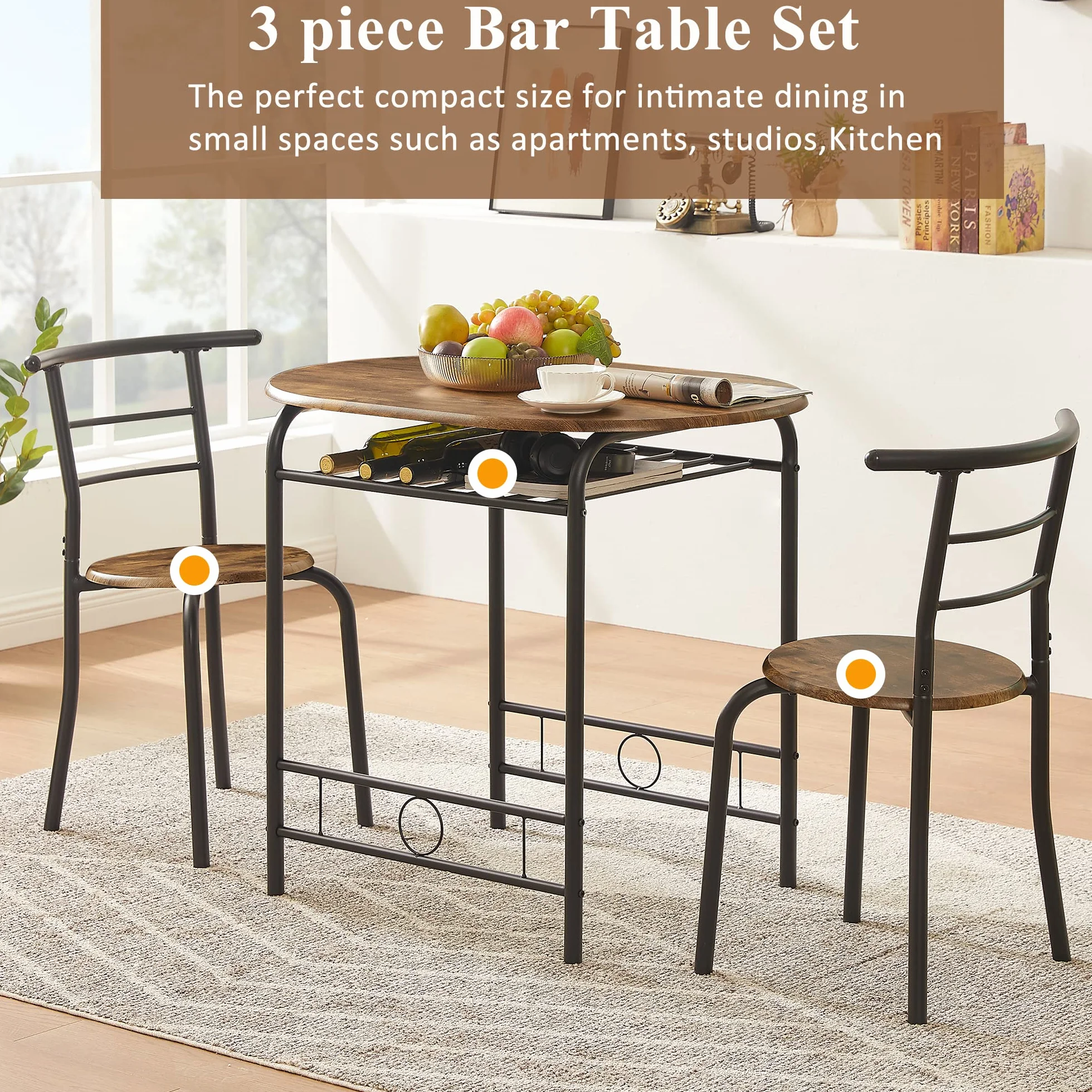 VECELO 3-Piece Dining Table Set for Kitchen Breakfast Nook, Wood Grain Oval Tabletop and Metal Frame with Built-in Wine Rack, for Small Spaces, 31.5", Antique & Black
