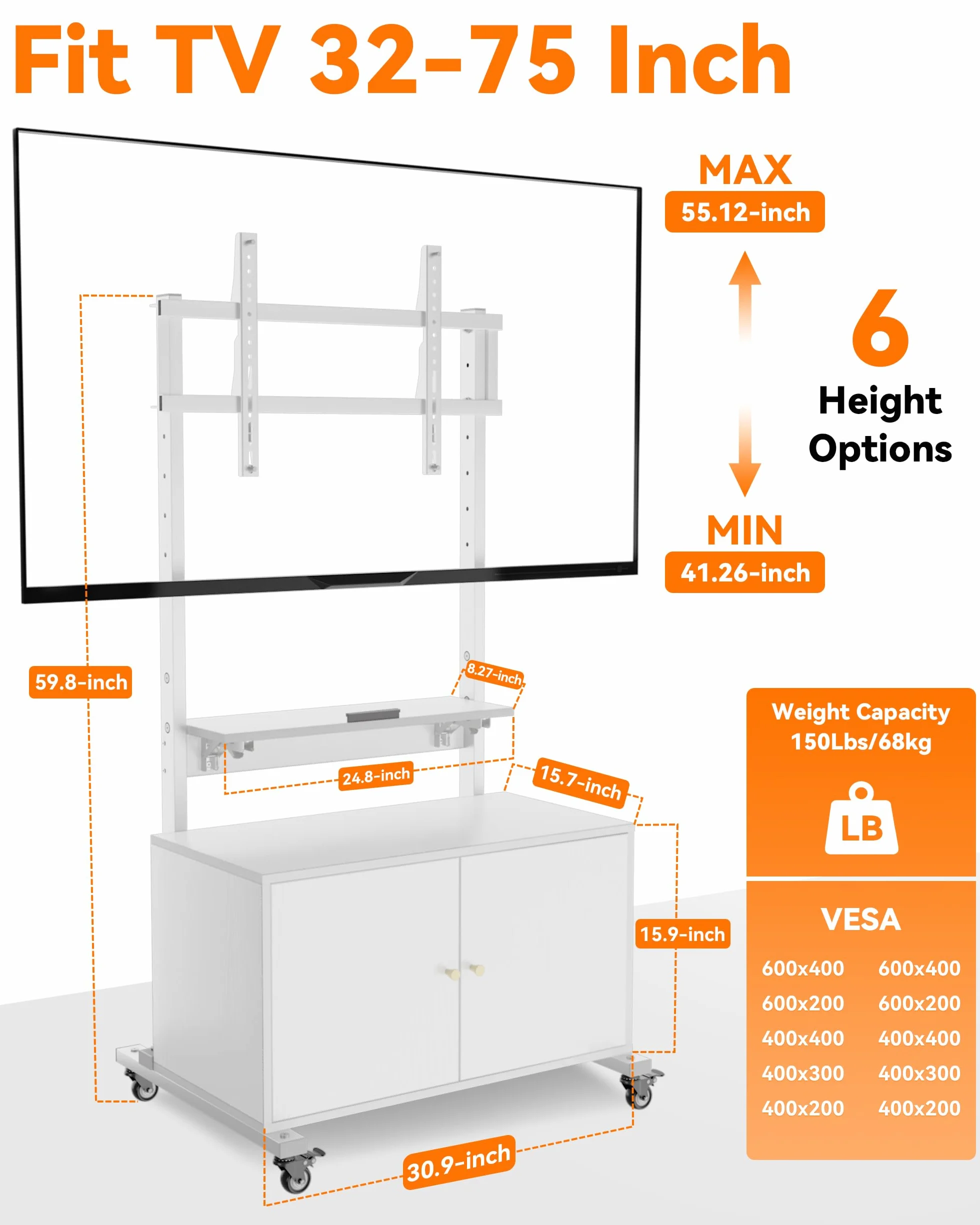 Entertainment Center with TV Mount,Rolling TV Stand with Storage Suitable for 32-75in Screen,TV Floor Stand on Wheels with Foldable Table,Height Adjustable Mobile TV Stand for Outdoor and Living Room