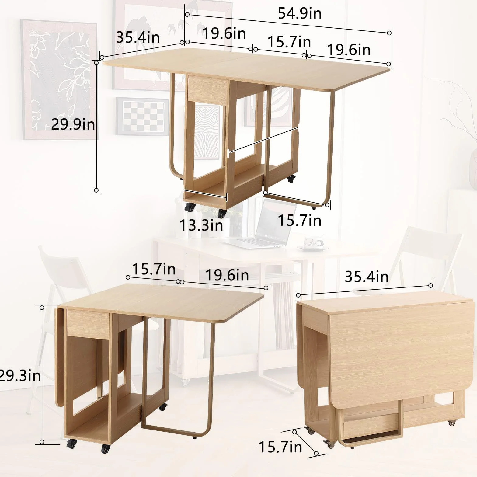 Folding Dining Table, 35.4" x 54.9" Expanded Drop Leaf Table for 4-6, Wood | 300lb Capacity, 2 Drawers, Lockable Wheels, Space-Saving Folding Kitchen Table for Dining Room/Apartments/RV/Home Office/Room
