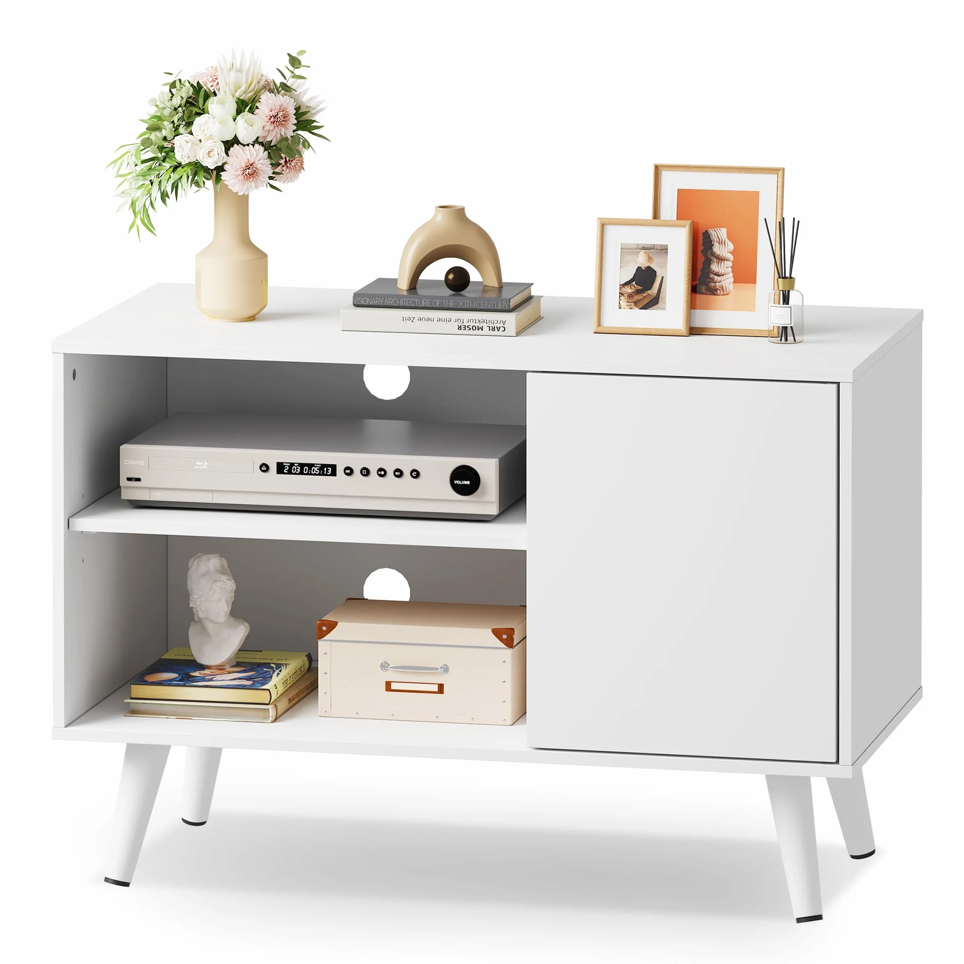 WLIVE TV Stand for 40 Inch TVs, Small Entertainment Center with Storage Cabinet, Mid-Century Modern TV Stands for Living Room and Bedroom, 32" TV Console, White