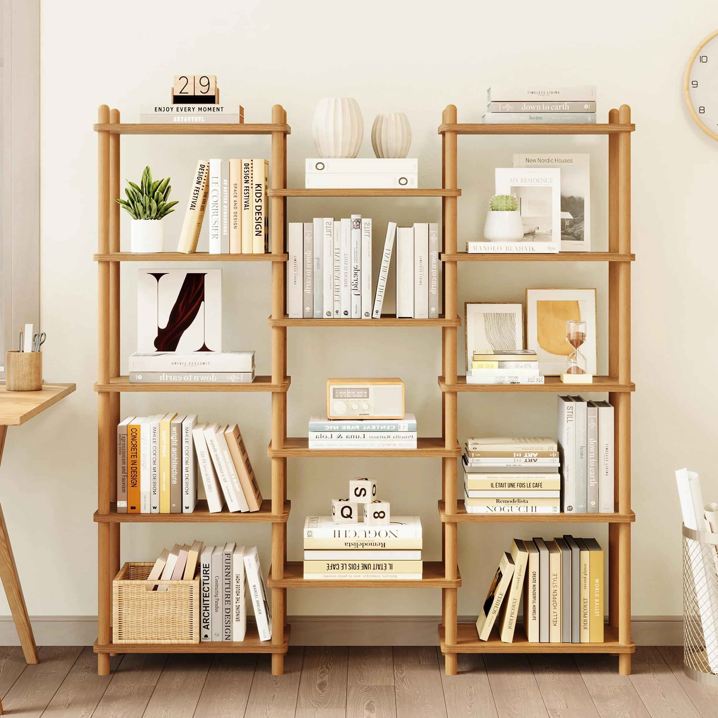 IOTXY Wooden Triple Wide Bookshelf, 5-Tier Large Open Bookcase, Oak | Beech Wood Frame, 14 Open Shelves, Display Storage for Books, Plants, and Decor, Living Room, Home Office
