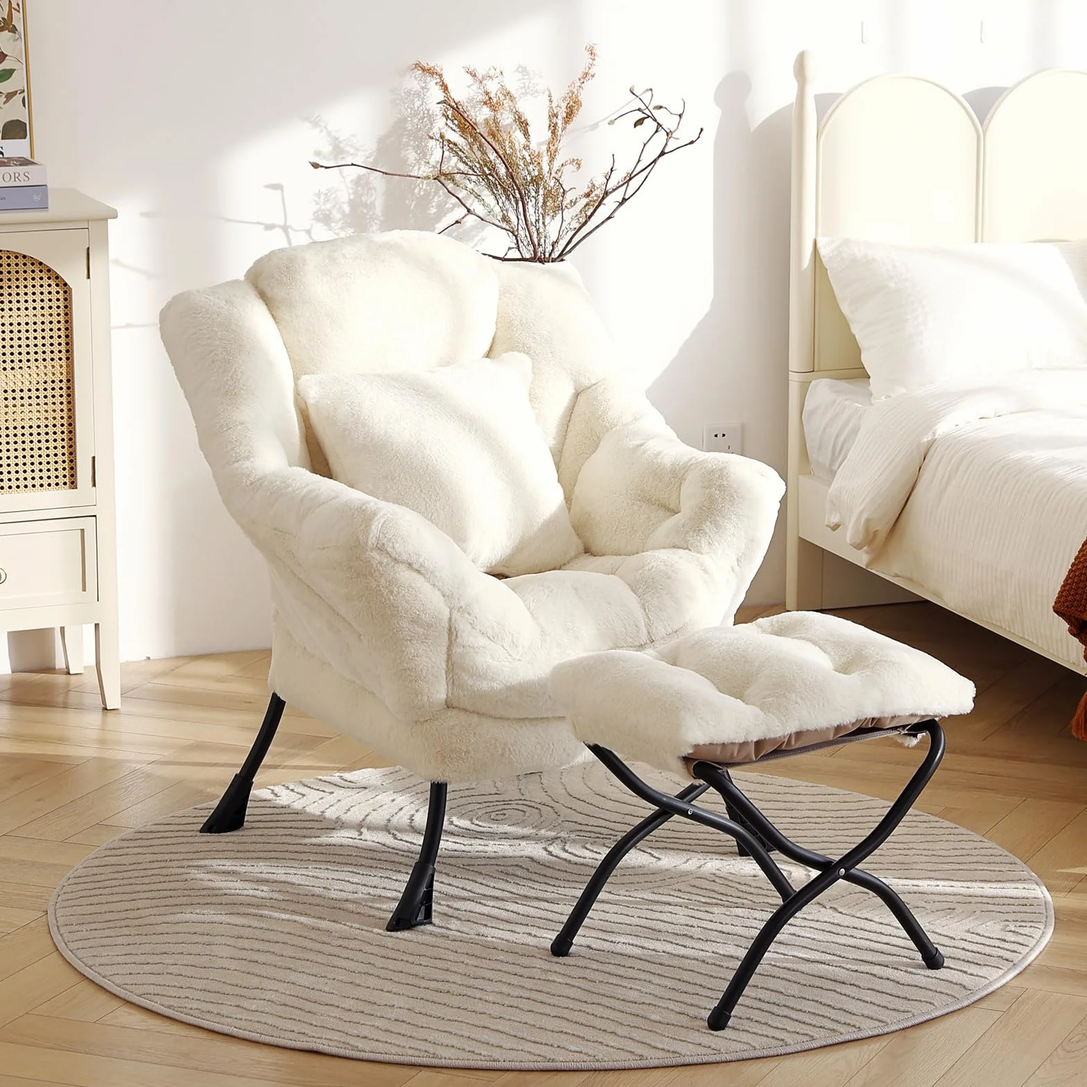 Lazy Chair with Ottoman, Plush Reading Chair with Pillow, Lvory | Removable machine-washable cover; includes an extra throw pillow; cozy accent chair for living room, bedroom, dorm or office