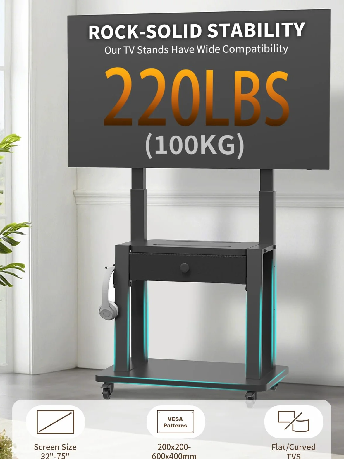 Rolling TV Stand with Fabric Drawer for 32-75 Inch Flat/Curved Screen Adjustable Height LCD/LED/OLED with Storage Mobile TV Cart on Wheels up to 220lbs for Home Office Outdoor Max VESA 600x400mm Black