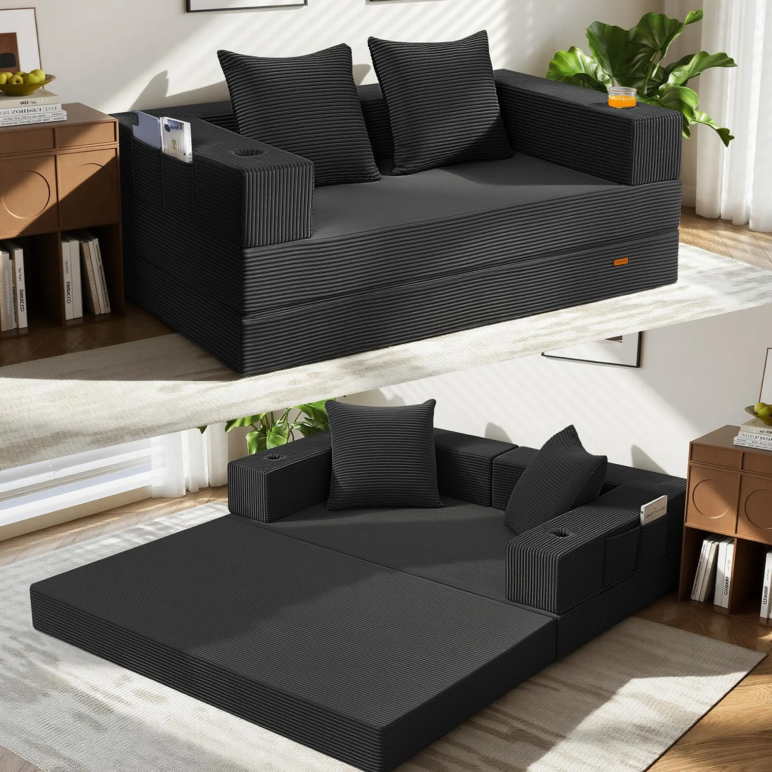 COMAX Futon Sofa Bed, Convertible Sofa Bed, Folding Boneless Couches | Low-Profile Boneless Couch for Living Room, 11.8" H Low Seat Small 59" Foldable Floor Sleeper Mattress Lounge Space‑Saving
