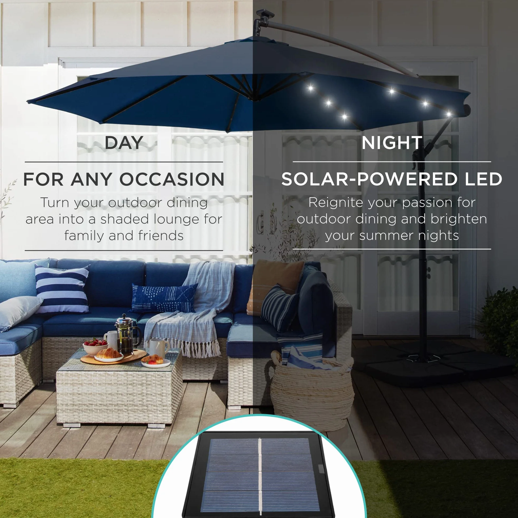 Best Choice Products 10ft Solar LED Offset Cantilever Hanging Market Patio Umbrella, 8 Sturdy Ribs, Easy Adjustment - Navy Blue