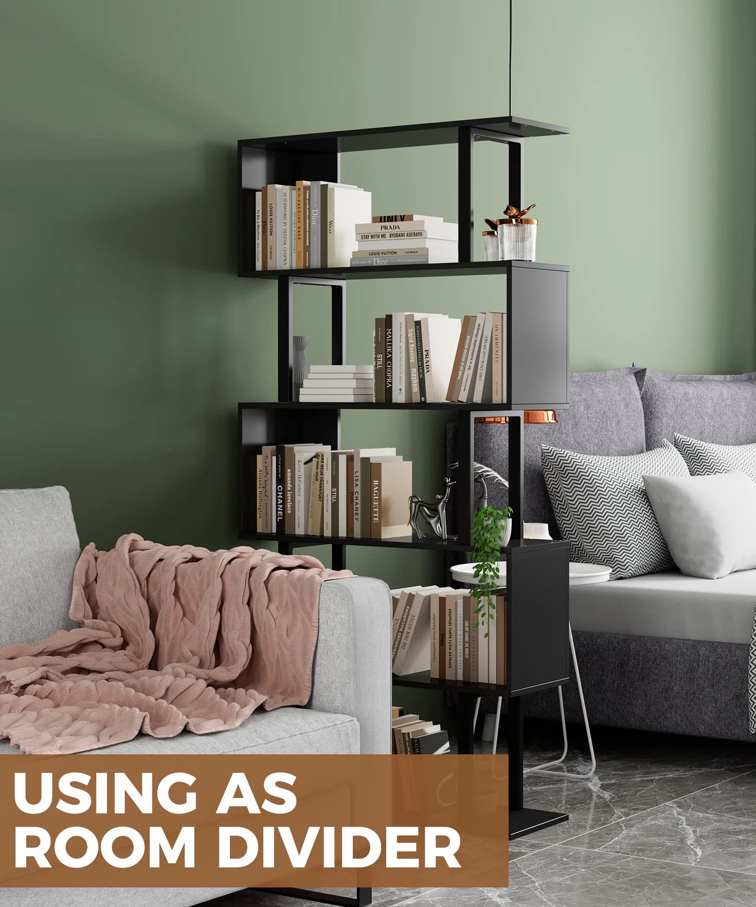 5-Tier Geometric Bookcase,S Shaped Bookshelf, Wood Decorative Storage Shelving, Modern Freestanding Display Shelves, Tall Book Shelf Unit for Living Room Bedroom, Black