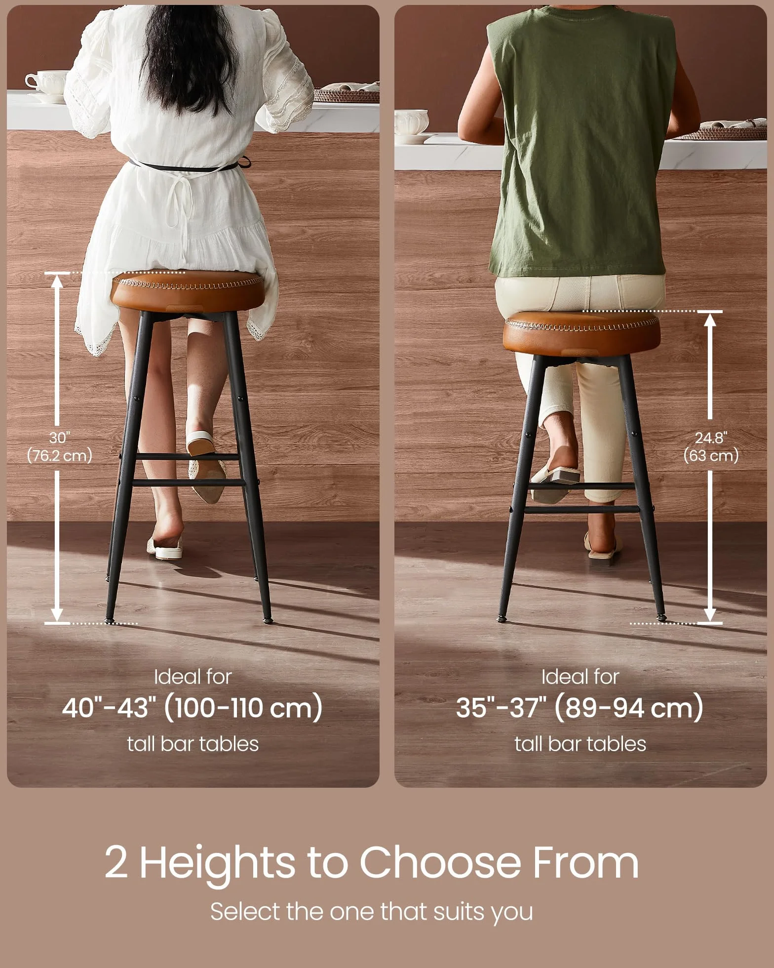VASAGLE EKHO Collection - Bar Stools Set of 2, Kitchen Counter Stools, Breakfast Stools, Synthetic Leather with Stitching, Mid-Century Modern, 30-Inch Tall, Home Bar, Caramel Brown ULBC090K01V1