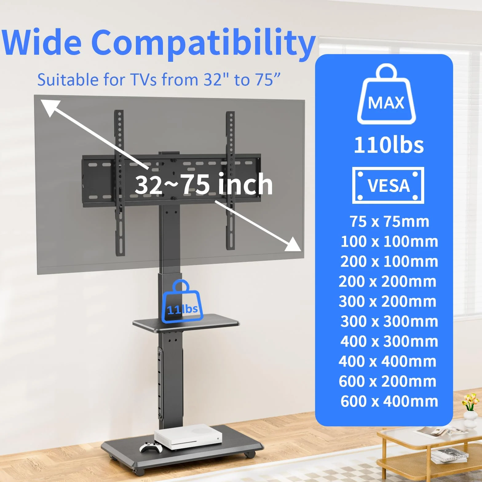 Afaloona Rolling TV Stand with Power Outlet for 32-75" TV, Max Load 110 lbs | Mobile TV cart with 18 height adjustments, ±30° swivel, media shelf and Max VESA 600×400mm for living room office and outdoor