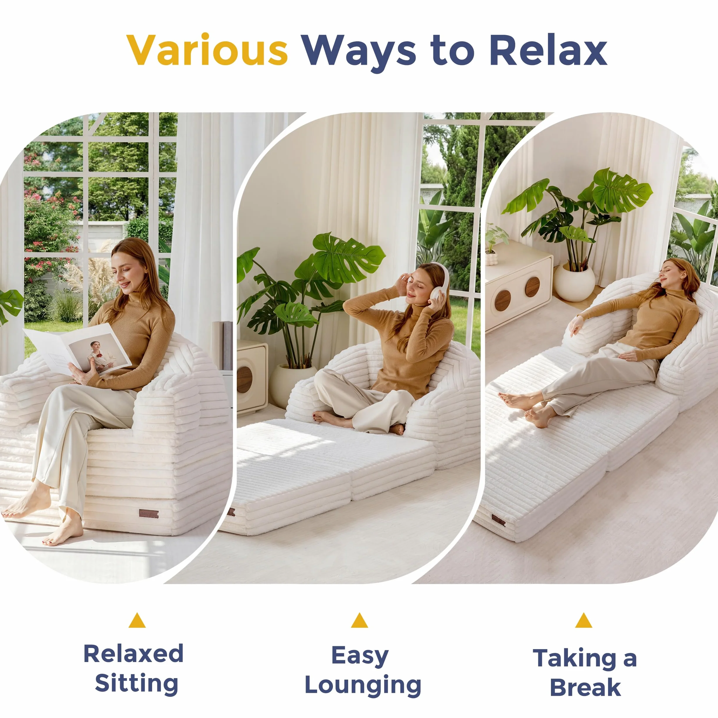 MAXYOYO Folding Sofa Bed Chair, Sleeper Chair for Adults, Faux Fur, Single | 2-in-1 Fold-Out Chair Bed, Convertible Floor Lounger with Carry Handle for Reading or Relaxing , Beige