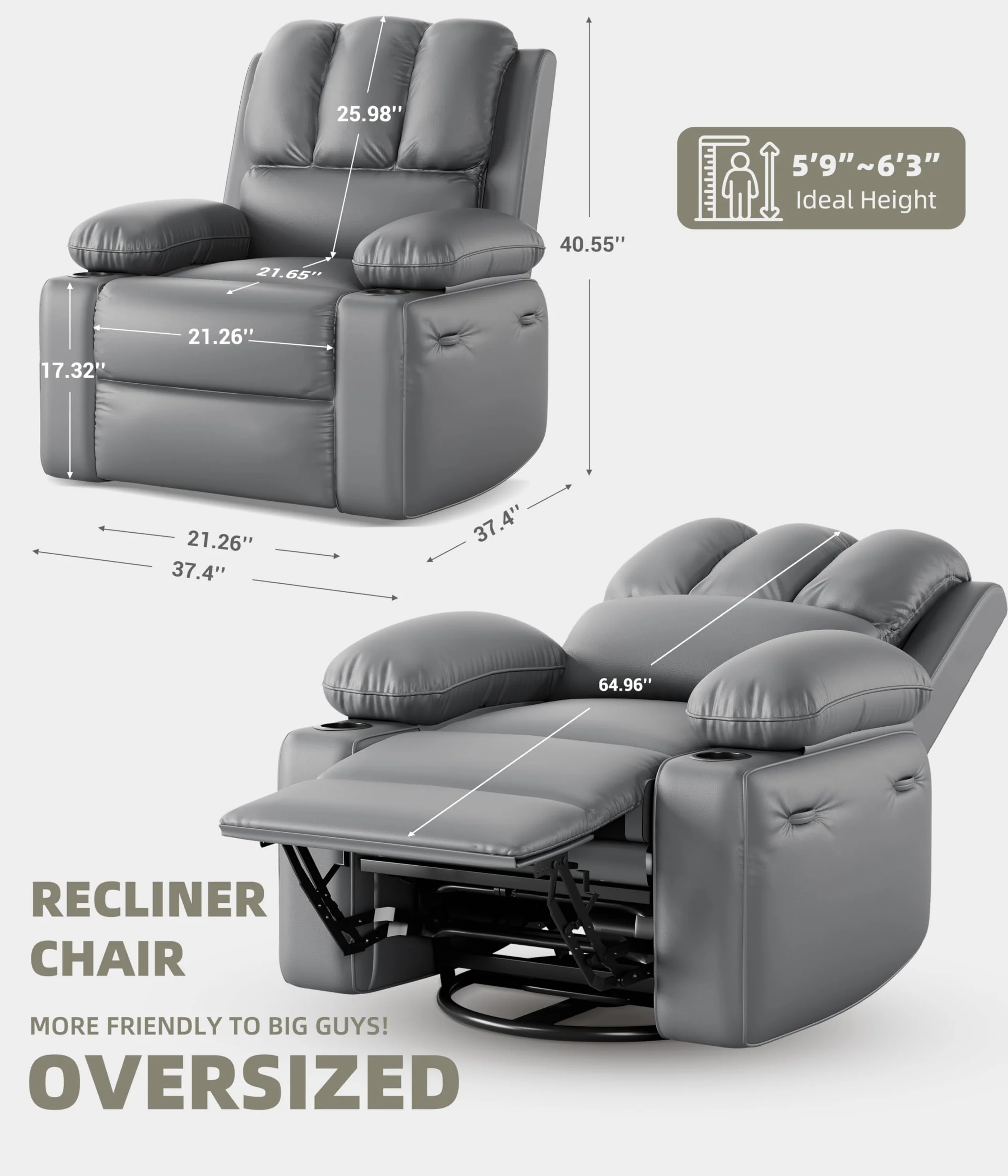 GarveeHome Oversized Recliner Chairs with 1.5X Sponge Filling, 360° Swivel Lazy Recliner Chair for Adults, Manual Rocking Chair with Cup Holder for Living Rooms, Bedrooms, and Nurseries
