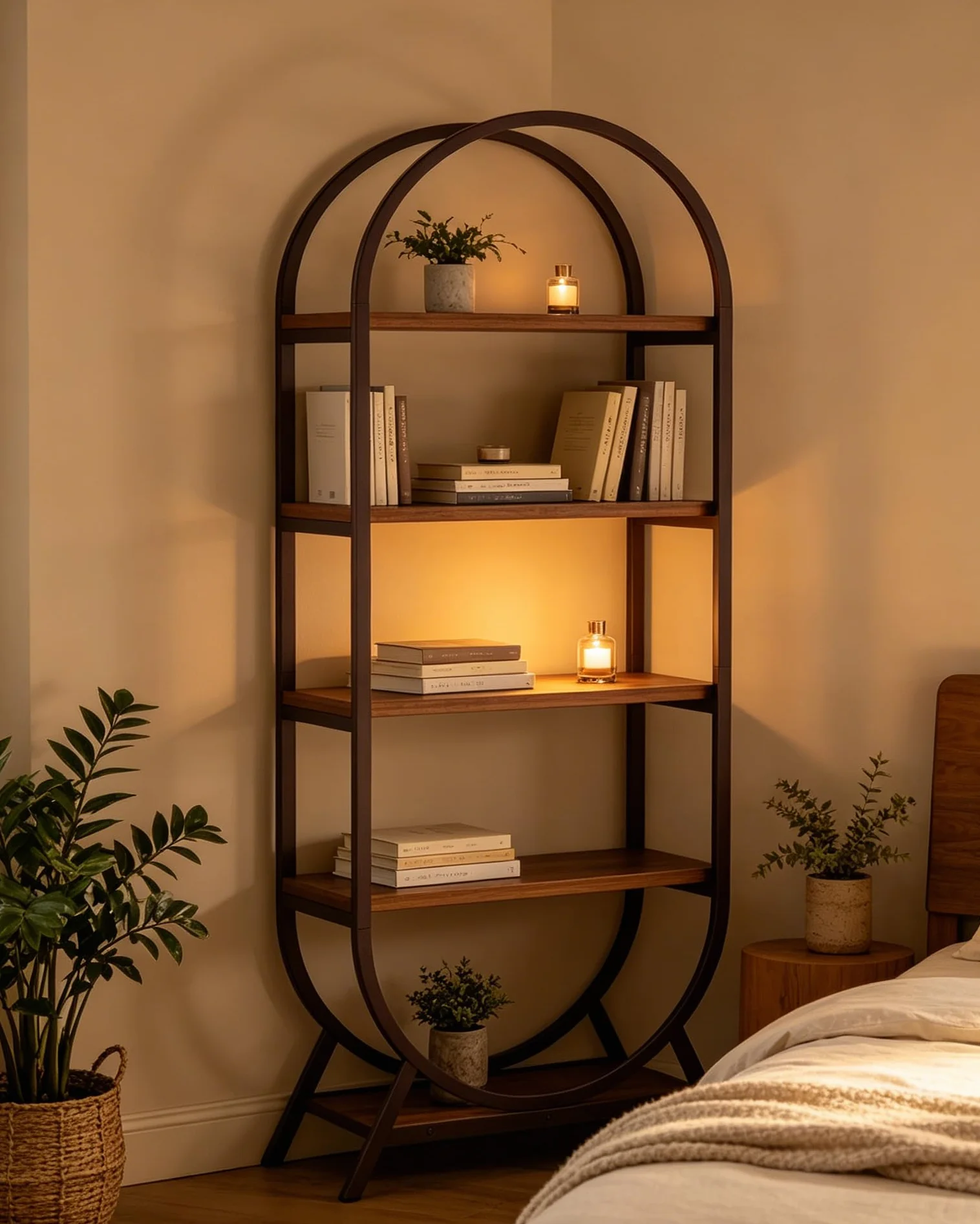 Bookshelf Arched Bookcase, 5 Tier Open Freestanding Display Shelf for Home Office, Living Room, Walnut