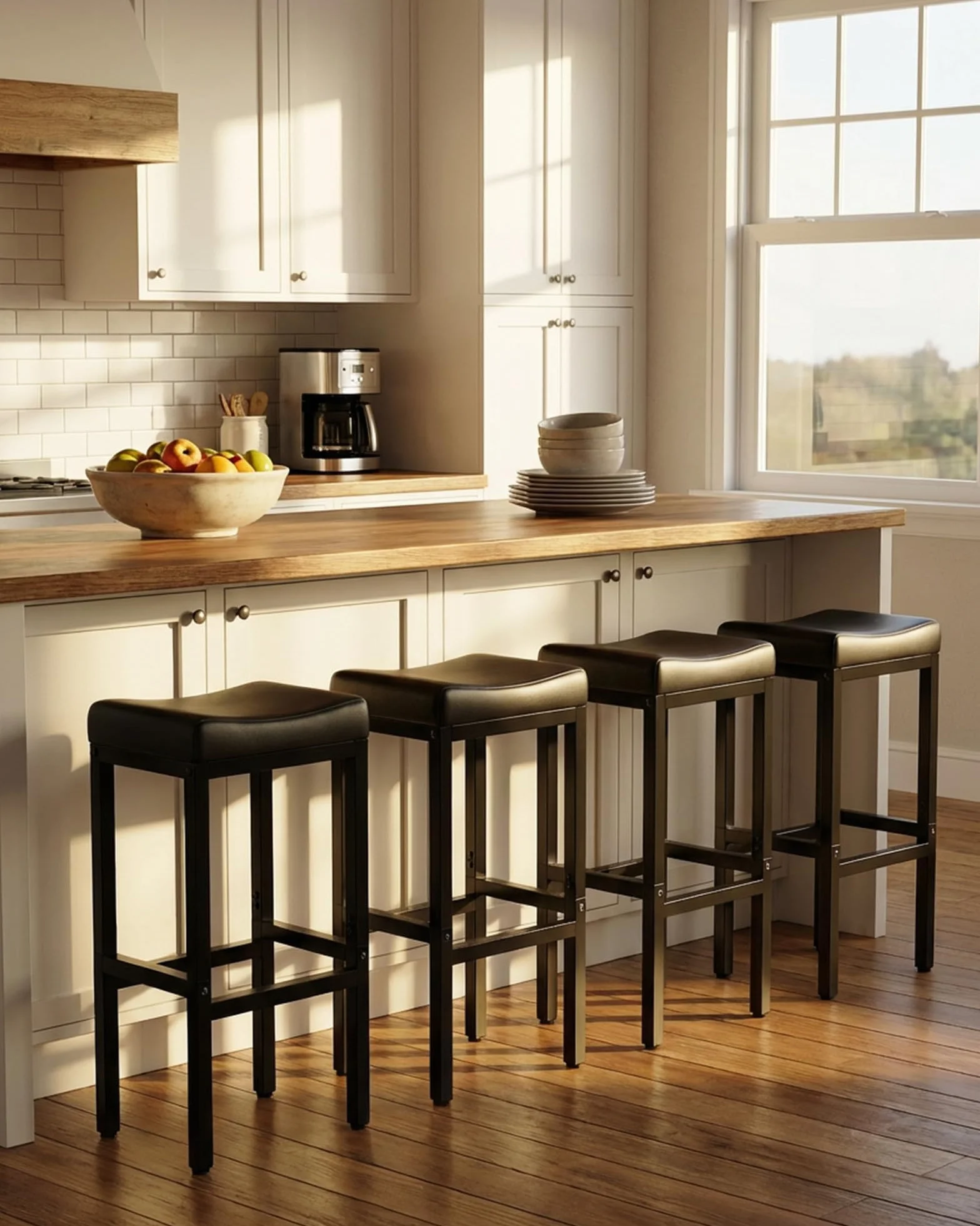 Bar Stools Set of 2-24 Inch Counter Height Chairs for Kitchen Island, Leather Seat with 400 LBS Heavy-Duty Metal Frame and Adjustable Feet, Easy to Assemble for Bar, Café or Dining Room,Black