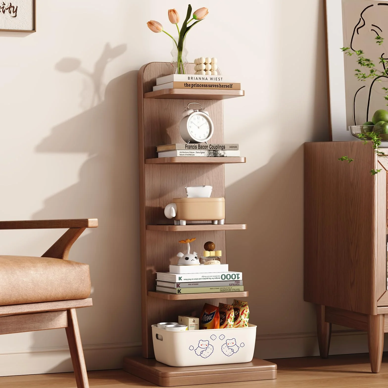 WoodsWhisper Solid Wood 5-Tier Narrow Bookshelf Small Spaces Open Storage | Solid Wood | Narrow Design | 5 Tier Storage | Anti-Tip | Easy Assembly