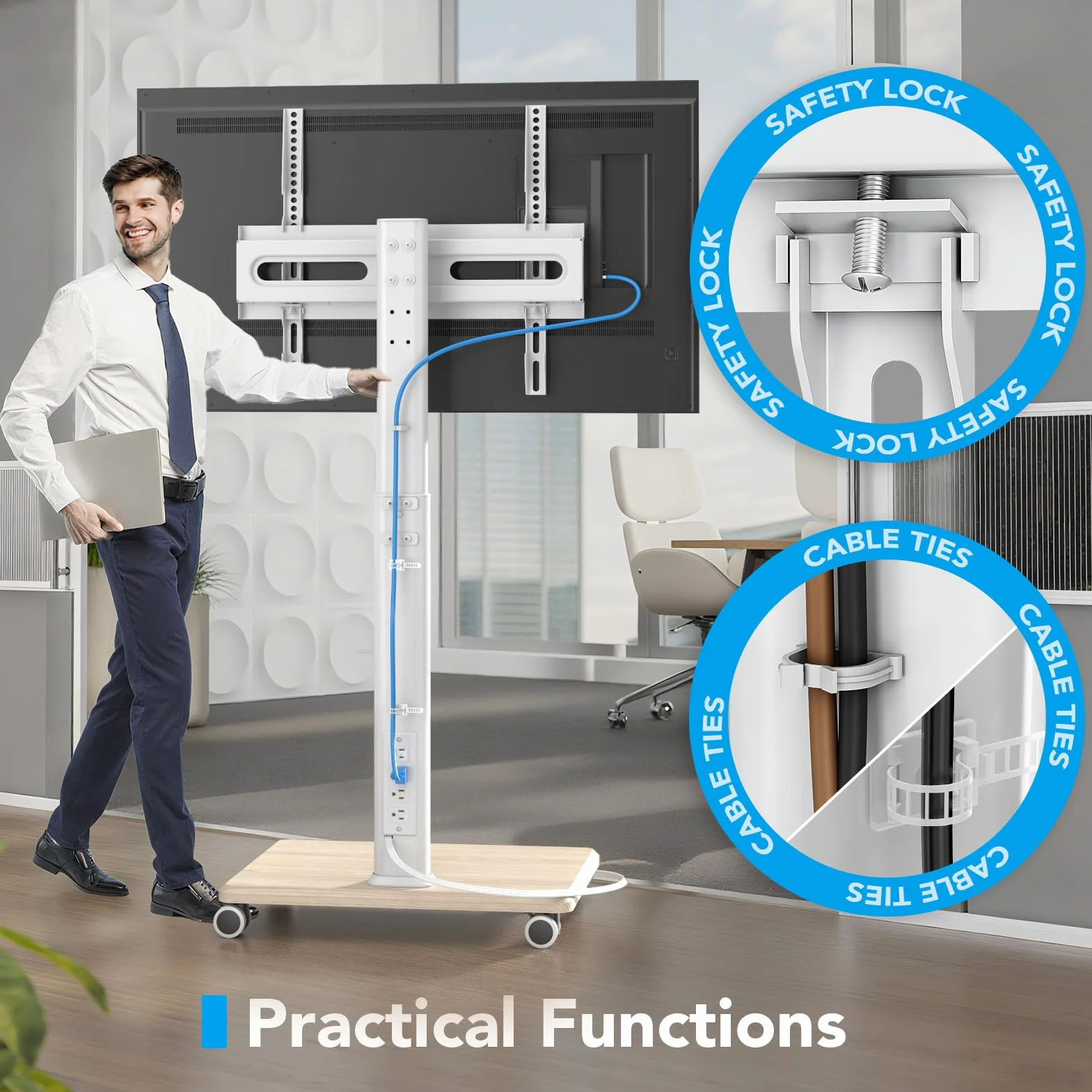 Mobile TV Stand with Power Outlets, Floor Portable TV Stand with Wheels for 27-65Inch LCD LED OLED Flat/Curved Panel Screen TVs, Swivel,Height Adjustable&Wood Base, RollingTV Cart White