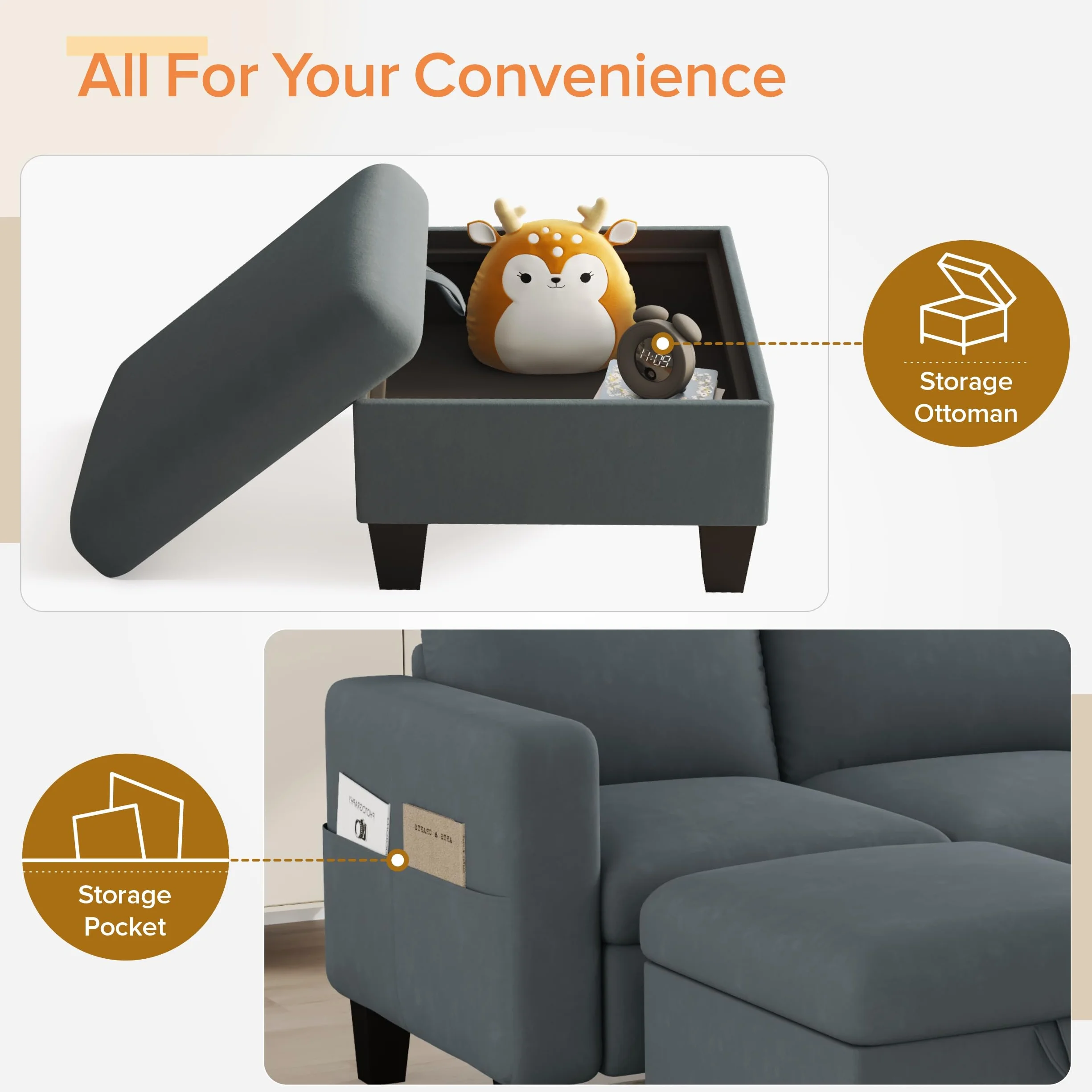 ZeeFu Convertible Sectional Sofa Couch,Classic 3 Seat L-Shaped Sofa with Movable Ottoman, Modern Dark Grey Velvet Fabric Upholstered Small Sectional Sofa Couch for Small Apartment Living Room Office