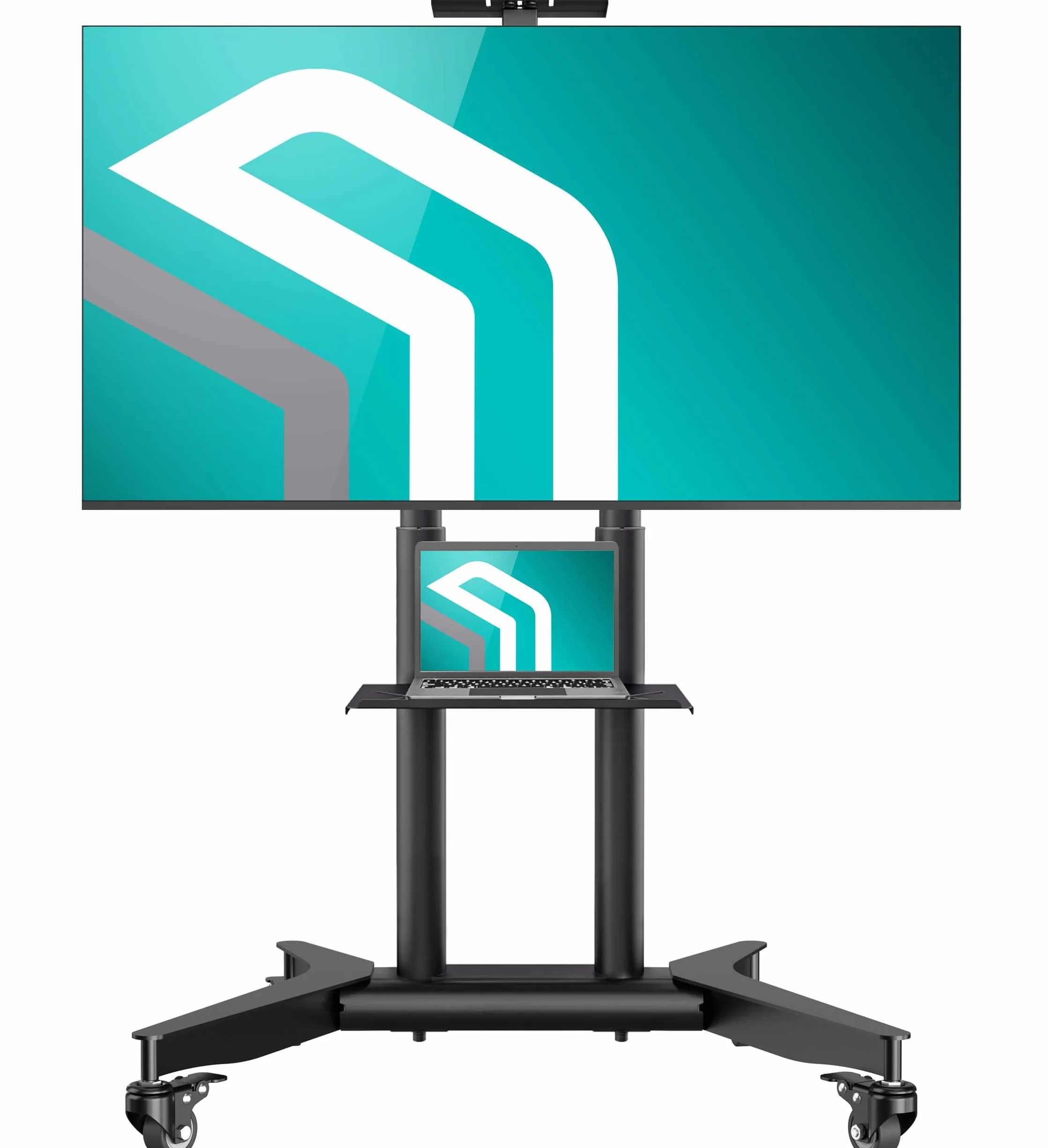 ONKRON Mobile TV Stand 32-75 Inch, up to 110 lbs, max VESA 600x400, Black | TV rolling cart height adjustable 39.3"-57.6", AV & webcam shelves, locking wheels; for home, office & meeting rooms