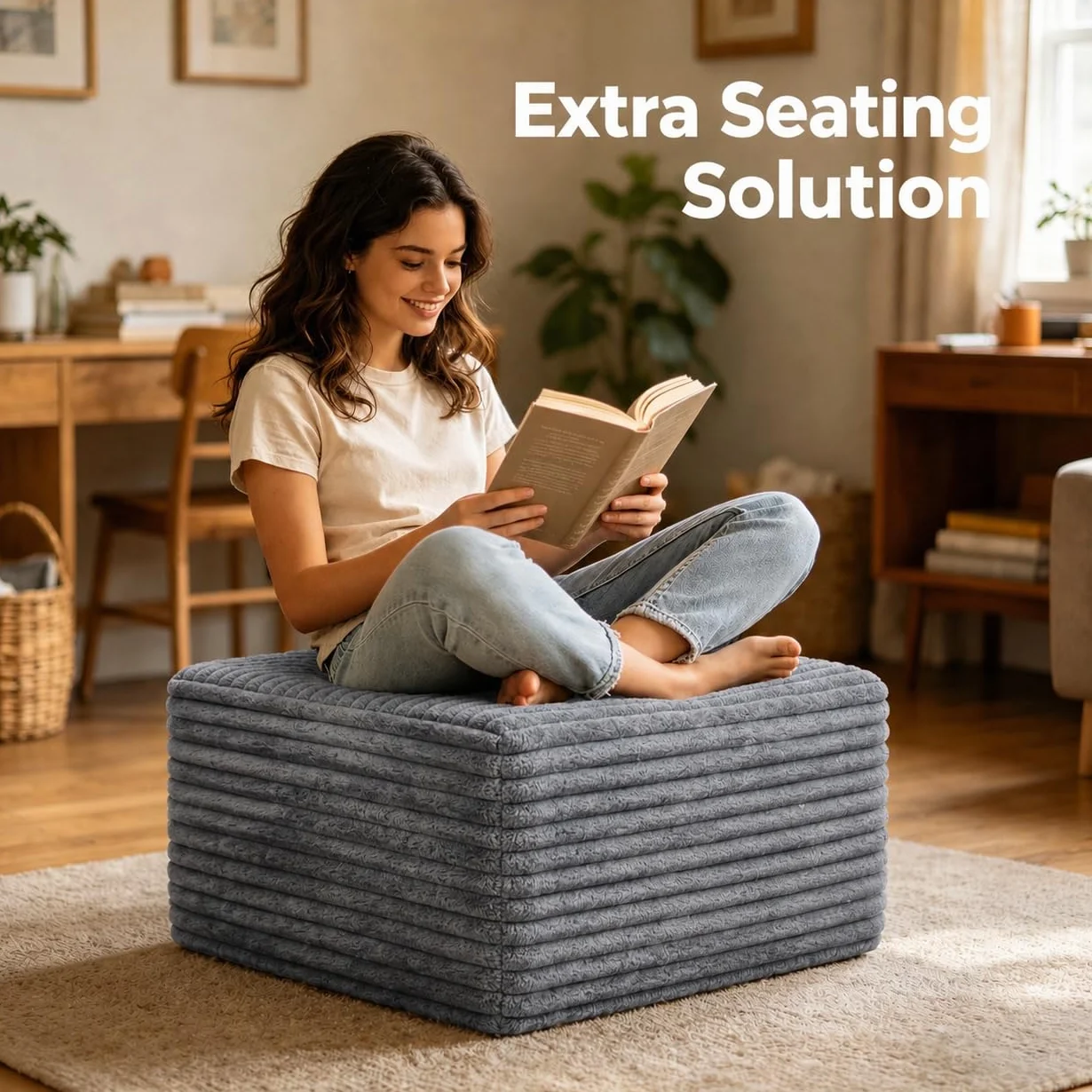 25.6" Corduroy Ottoman for Living Room,Plush Upholstered Ottoman for Couch,Memory Foam Compressed Sofa in A Box No Assembly Require,Dark Grey