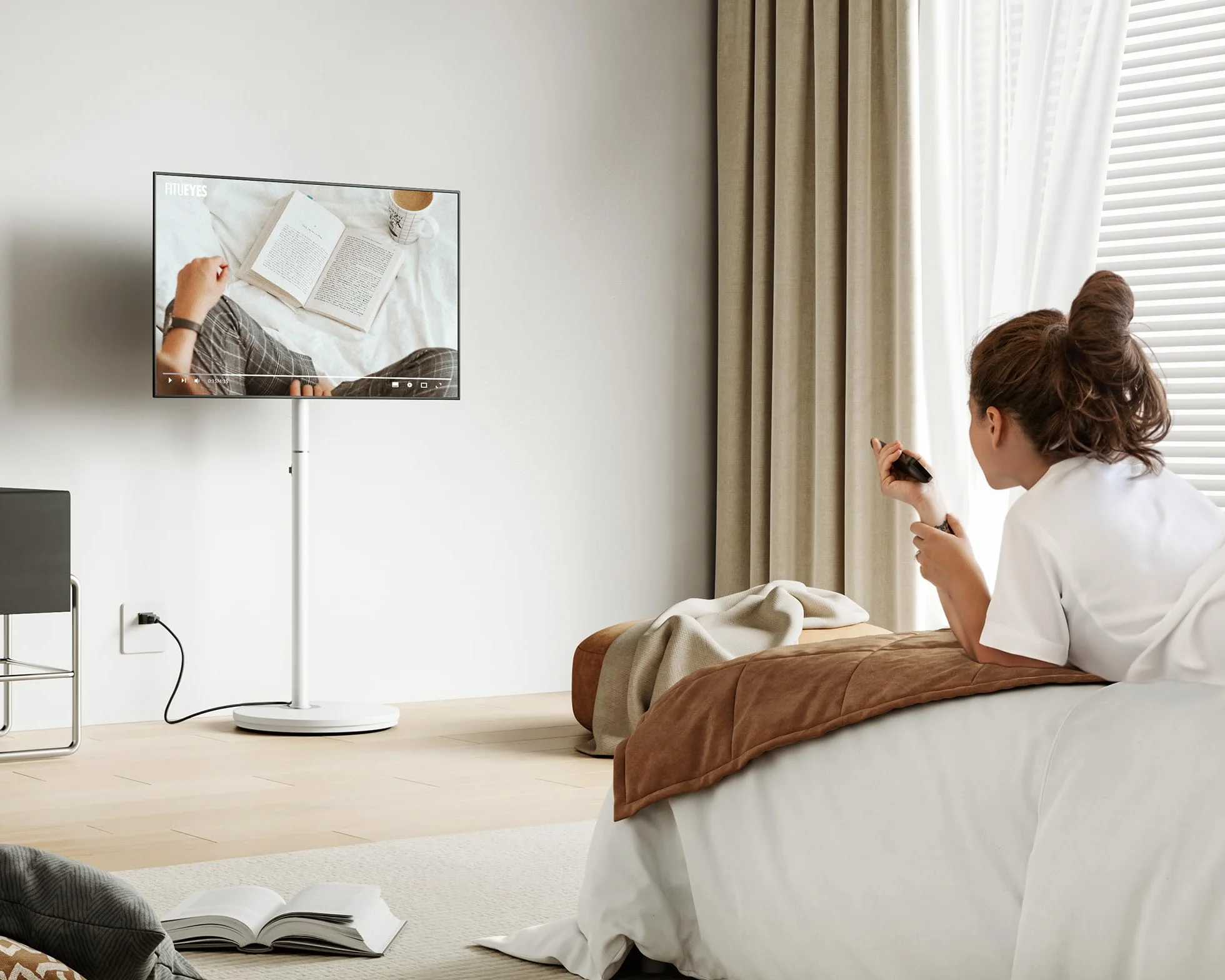 FITUEYES Small Rolling TV Cart for 24-48 Inches Television, Minimalist Modern TV Floor Stand on Wheels Fits Max VESA 200x200mm, V2 Portable Smart Television Cart, White, Master Series