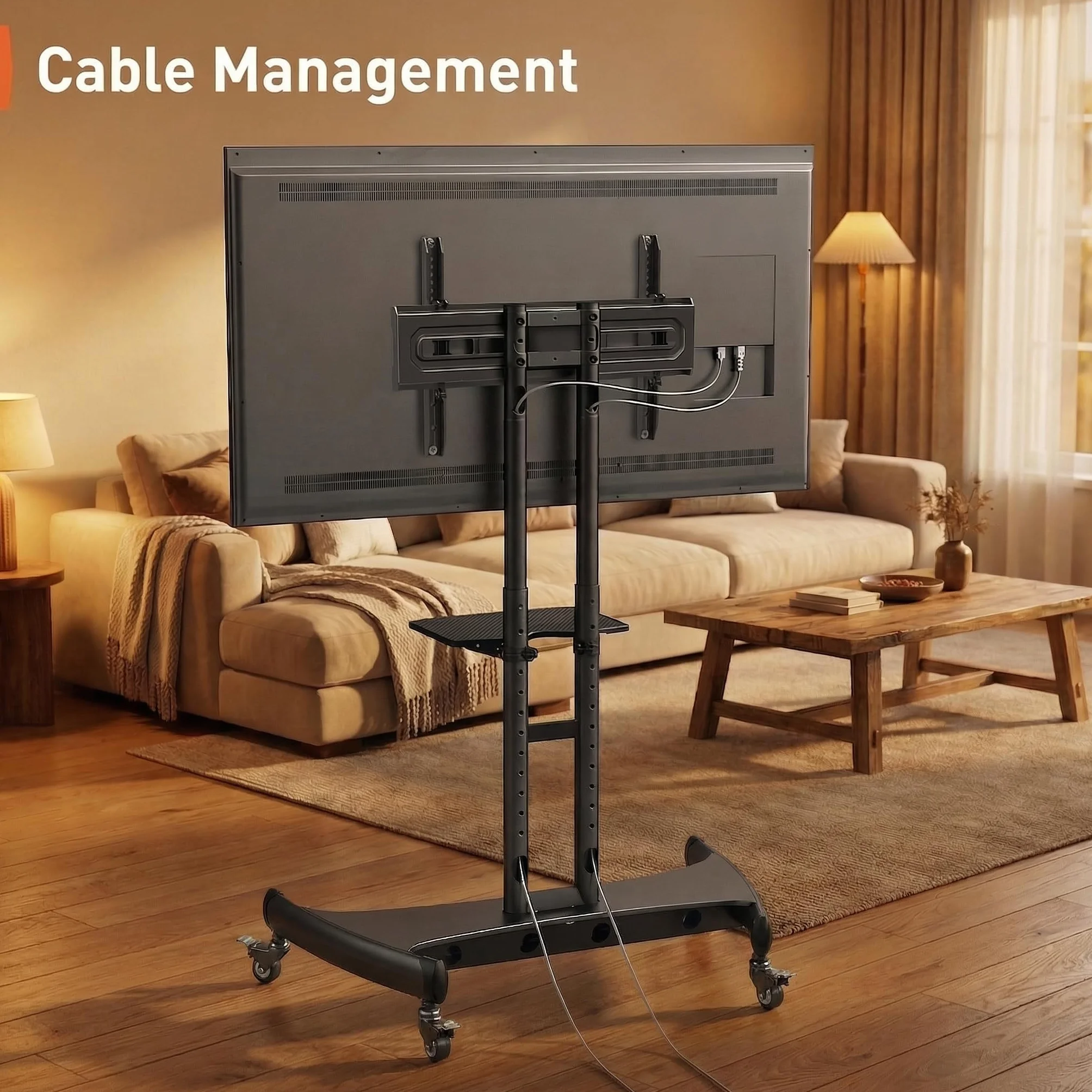 Perlegear Rolling TV Stand for 32-84 Inch TV, Mobile TV Cart up to 100lbs, Adjustable Height Outdoor TV Cart with Heavy-Duty Base, VESA 600x400mm, Portable TV Stand on Wheels for Livingroom PGTVMC05-1