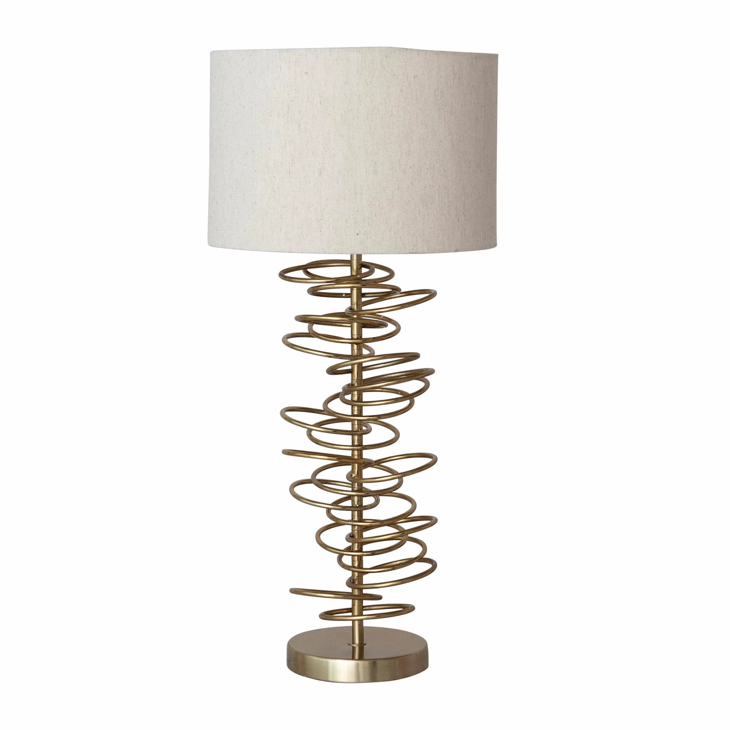 Creative Co-Op Round Metal Wire Circles Table Lamp with Linen Shade, Gold Finish and Natural