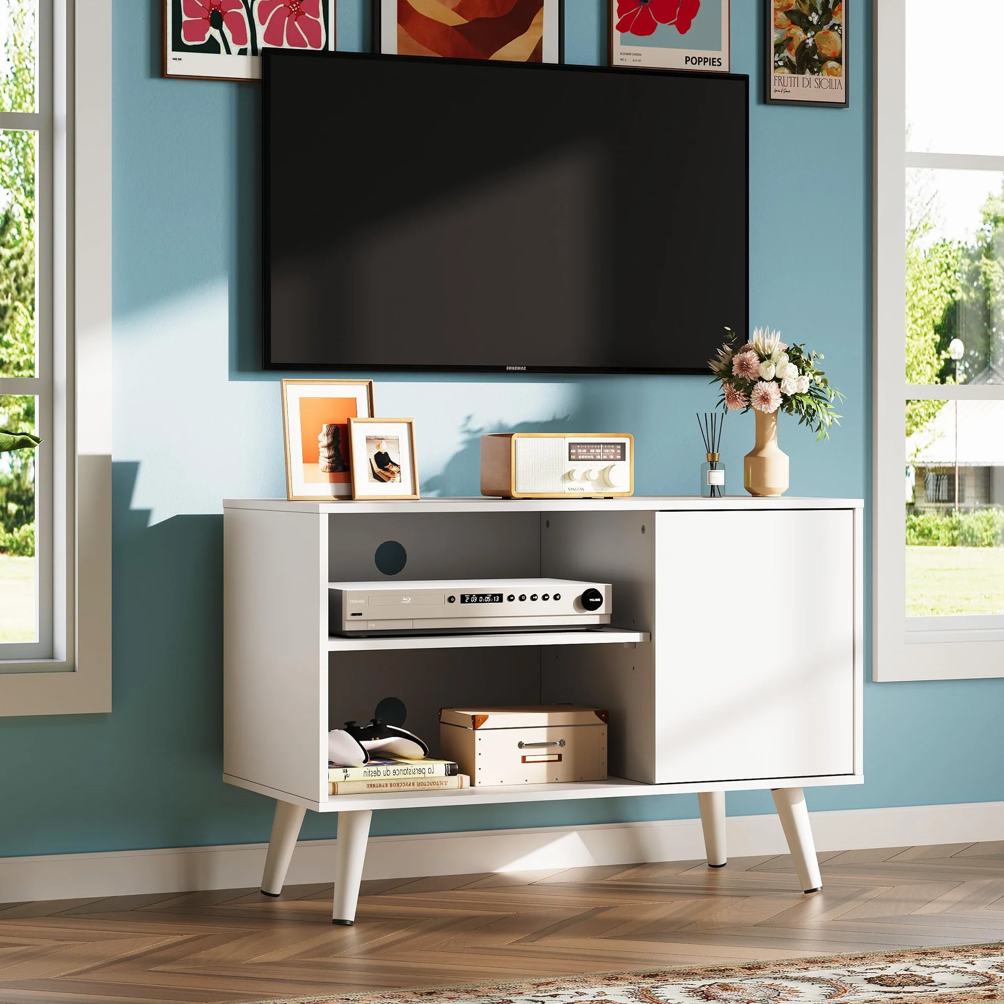 WLIVE TV Stand for 40 Inch TVs, Small Entertainment Center with Storage Cabinet, Mid-Century Modern TV Stands for Living Room and Bedroom, 32" TV Console, White