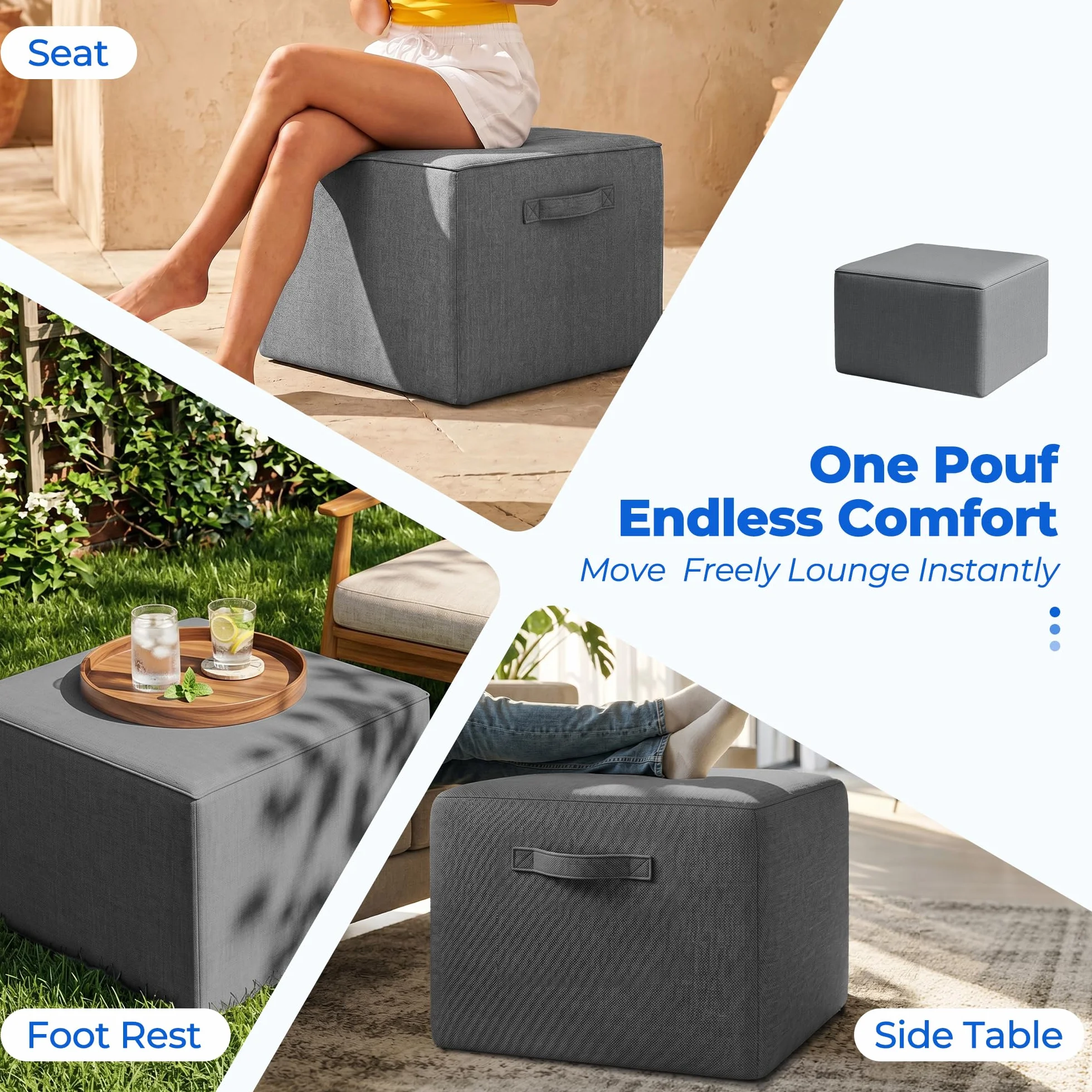 Square Outdoor Ottoman Pouf, 24" Waterproof Patio Foot Rest, Dark Gray | Ottoman Foot Rest, Comfy Footstool, Boneless Ottoman, Solid High-Density Foam, Outside Couch & Seating