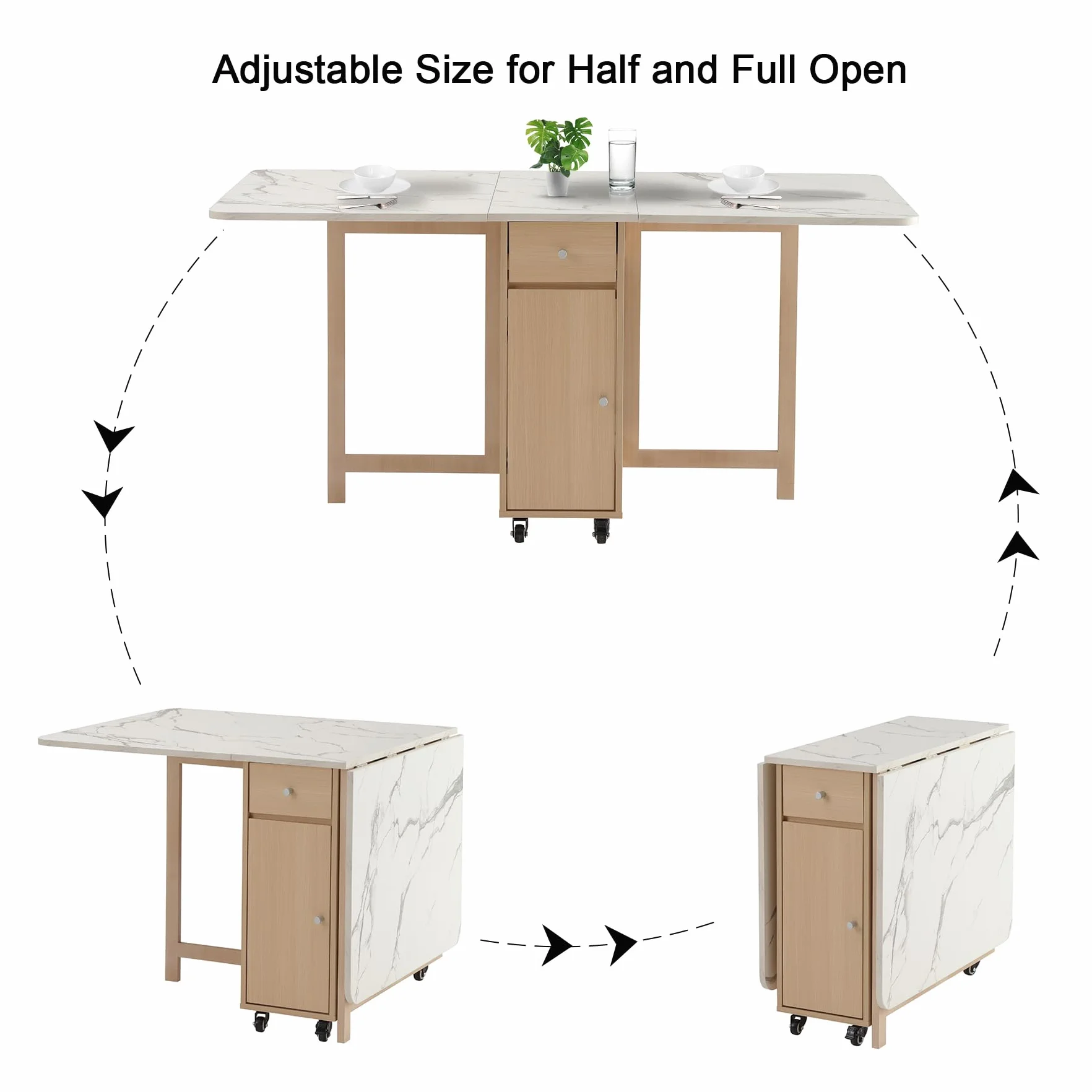 Drop Leaf Table Extendable, Foldable Kitchen Table Space Saving, Folding Dining Table with 2 Drawers and 4 Wheels, Dining Table for Living Room, Farmhouse， RV(Marble Wood)