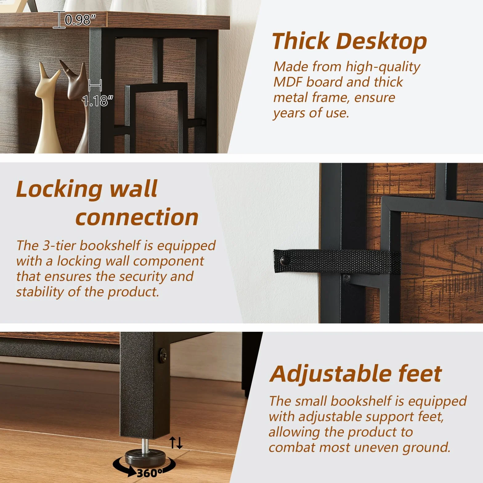 HOMISSUE Book Shelf, 3 Tier Deep Bookshelf with Storage, Engineered Wood and Metal Shelf Bookcase, Low Short Bookcases for Small Space, Living Room, Bedroom, Office, Rustic Brown