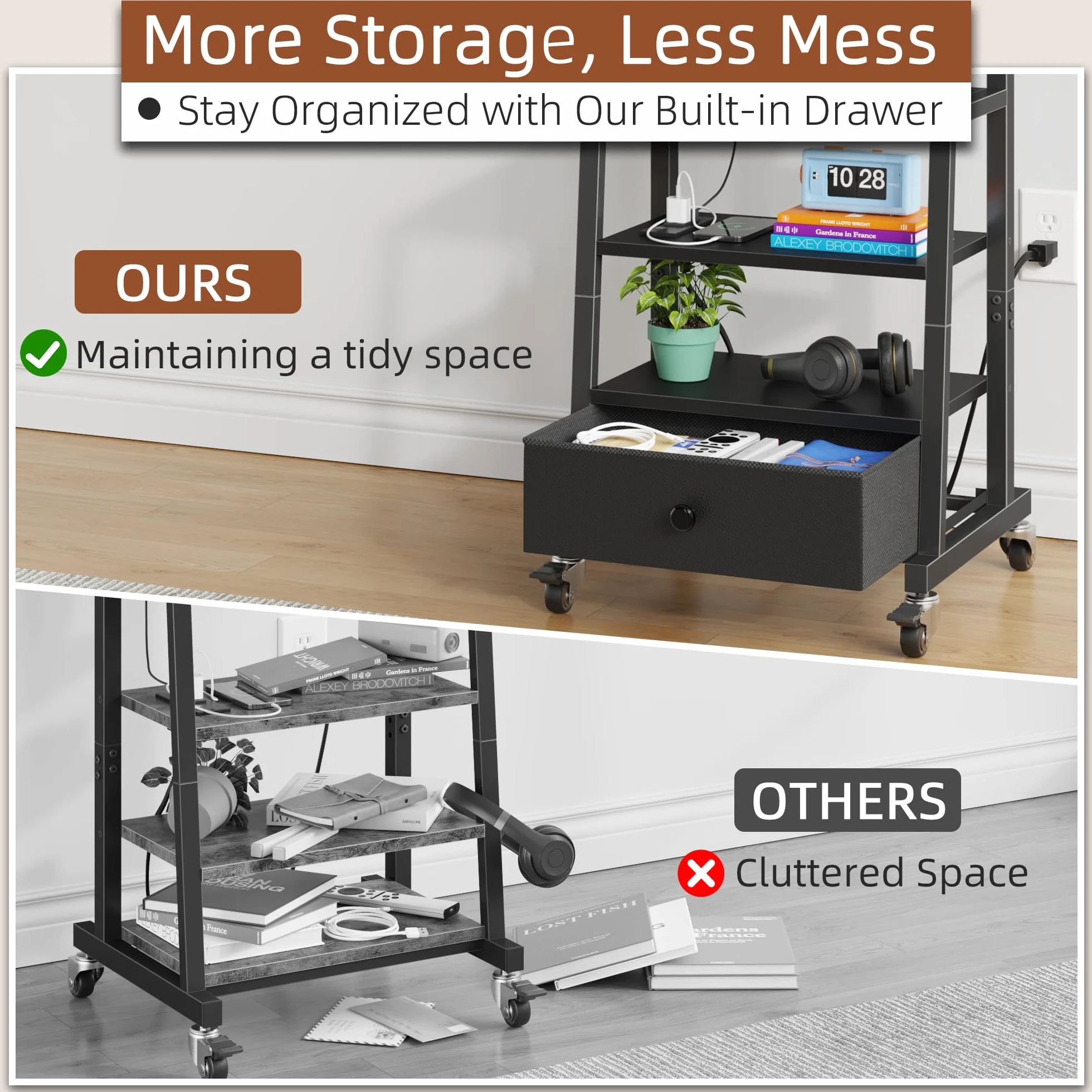 AFLUI Rolling TV Stand with Wheels and Mount & Fabric Drawer - Entertainment Center with Power Outlet and Small TV Stand for Bedroom, Living Room - 15" Black