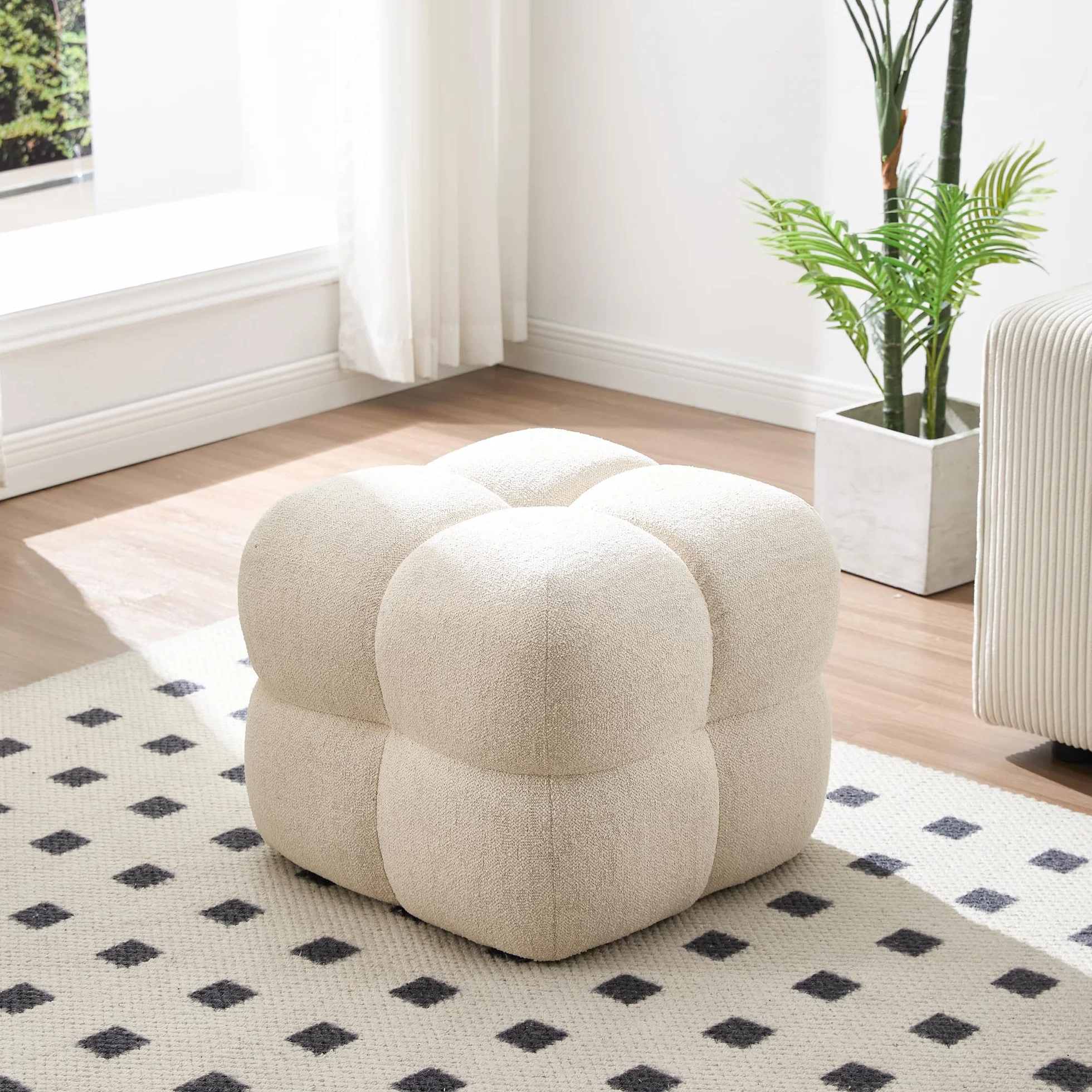 Zesthouse Square Pouf Ottoman Footstool, Modern Vanity Chair for Bedroom | Linen Fabric Foot Rest for Couch, Upholstered Tufted Footstool, Poofy Ottoman Seat for Living Room Dorm Fluffy Ottoman Beige