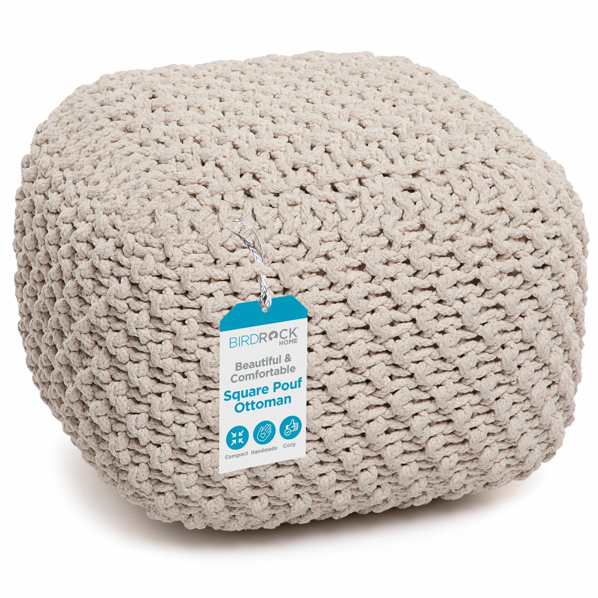 BIRDROCK HOME Square Pouf Ottoman - Cotton Braided Foot Stool with Bean Bag Filling - Compact and Comfortable Seating, Lightweight and Sturdy Boho Foot Rest for Living Room or Bedroom (Natural)