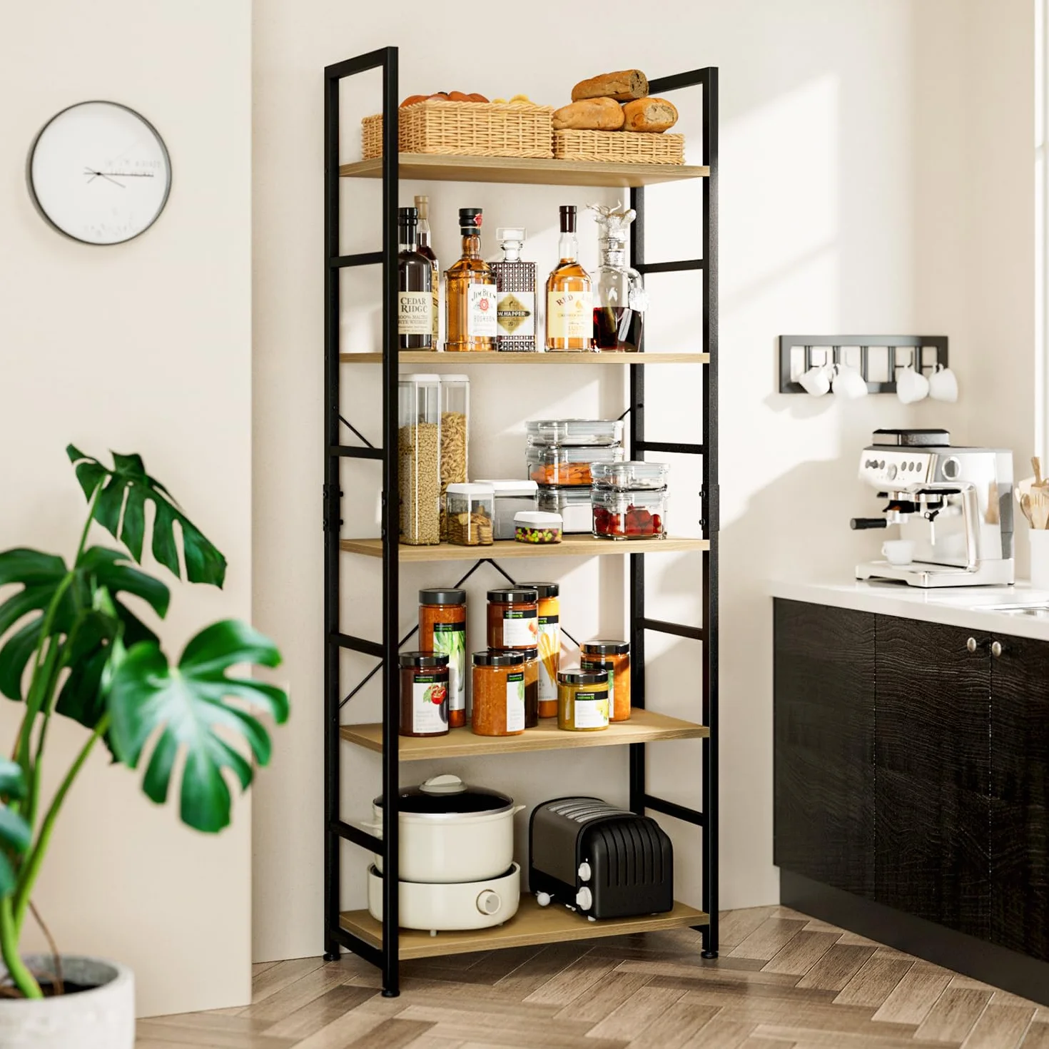 NUMENN 5 Tier Bookshelf, Tall Freestanding Open Storage Bookcase, Natural | Storage Organizer with Metal Frame & Wood Shelves, Support Bars & Adjustable Feet for Bedroom, Living Room & Home Office