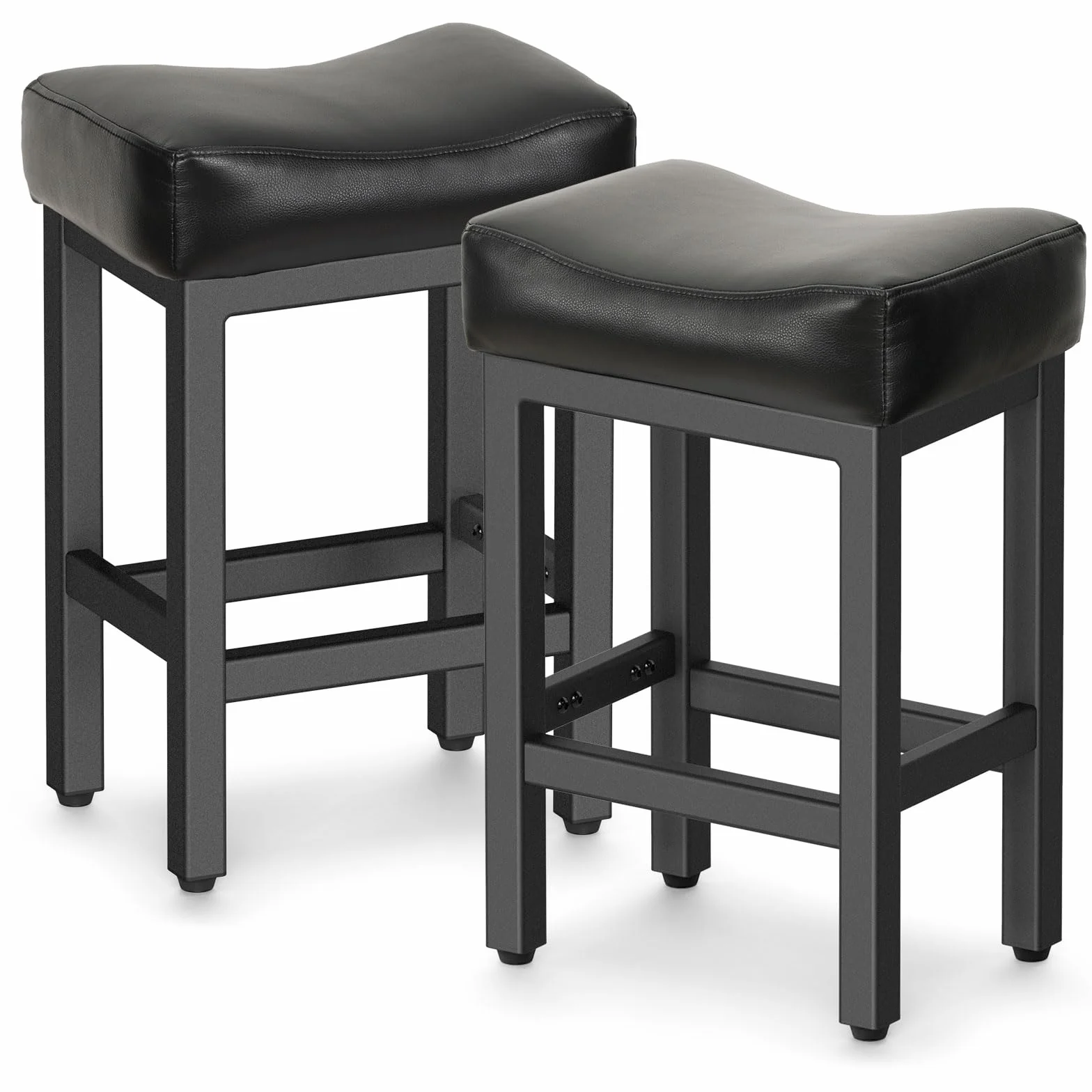 Raynesys 24 Inche Bonded Leather Counter Height Bar Stools Set of 2 Square | Barstools with Thick Bonded Leather Saddle Seats & Heavy Duty Metal Base for Kitchen Counter, Easy Assembly, All Black
