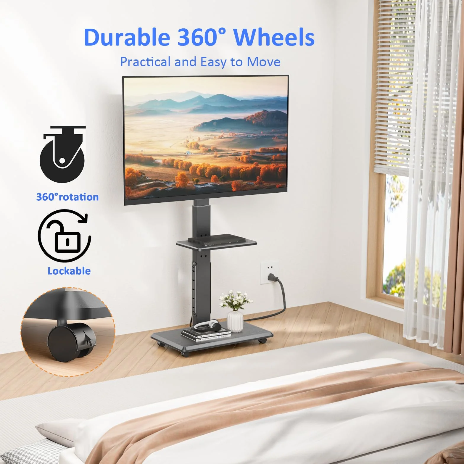 Afaloona Rolling TV Stand with Power Outlet for 32-75" TV, Max Load 110 lbs | Mobile TV cart with 18 height adjustments, ±30° swivel, media shelf and Max VESA 600×400mm for living room office and outdoor