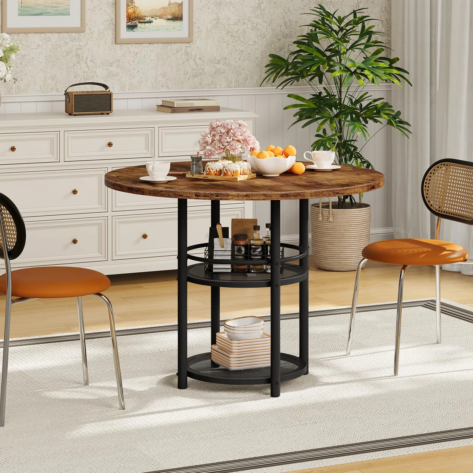 HOOBRO Dining Table, Round Dining Table for 2, 31.5" Kitchen Table for Small Spaces, Farmhouse Small Dining Room Table, 2-Tier Storage, Easy to Assemble, for Living Room, Rustic Brown BF19CZ01