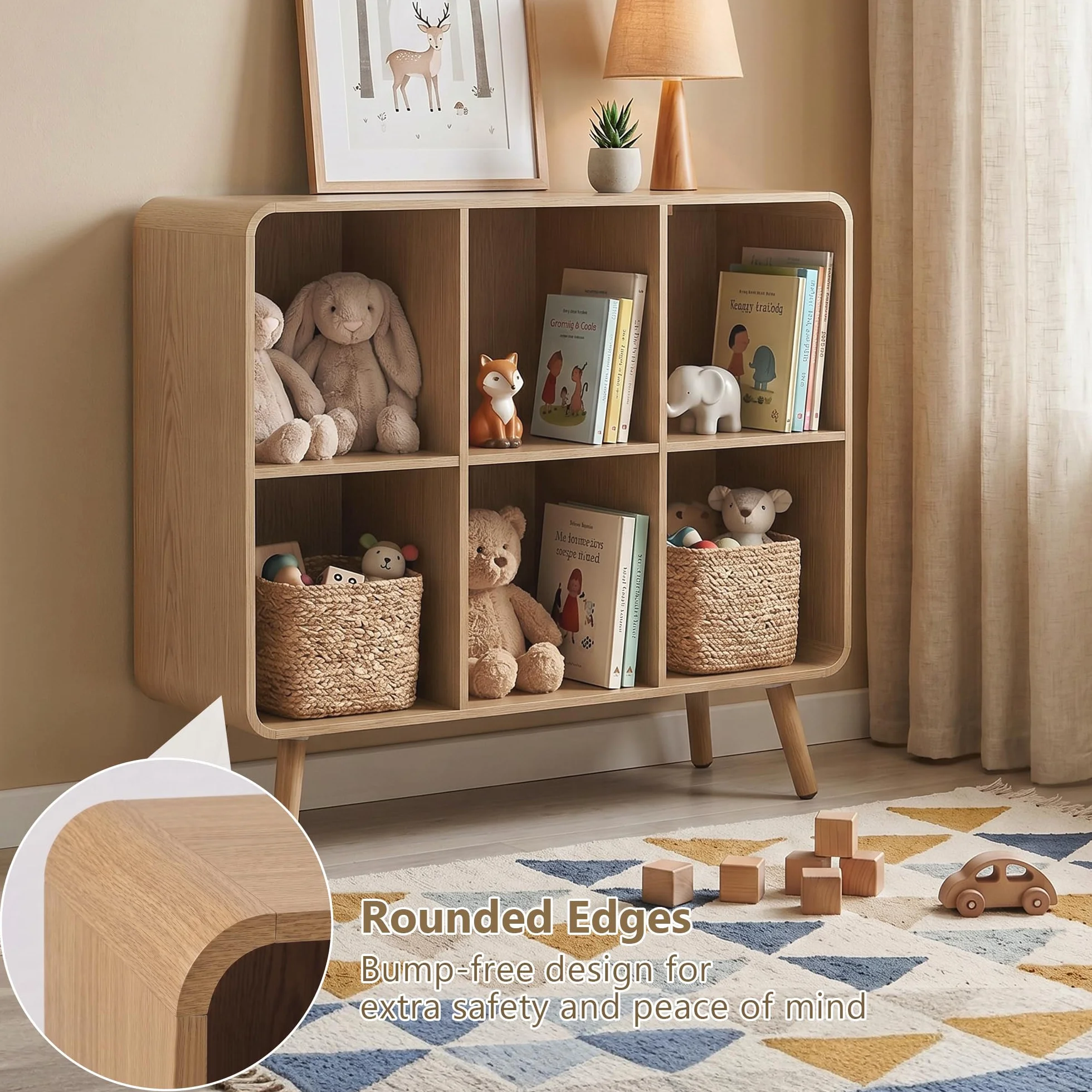 6 Cube Bookshelf - 35.4" Wood Cube Bookcase with Legs, Open Cubby Bookshelves with Curved Profile Design for Bedroom, Living Room,Home Office, Nature