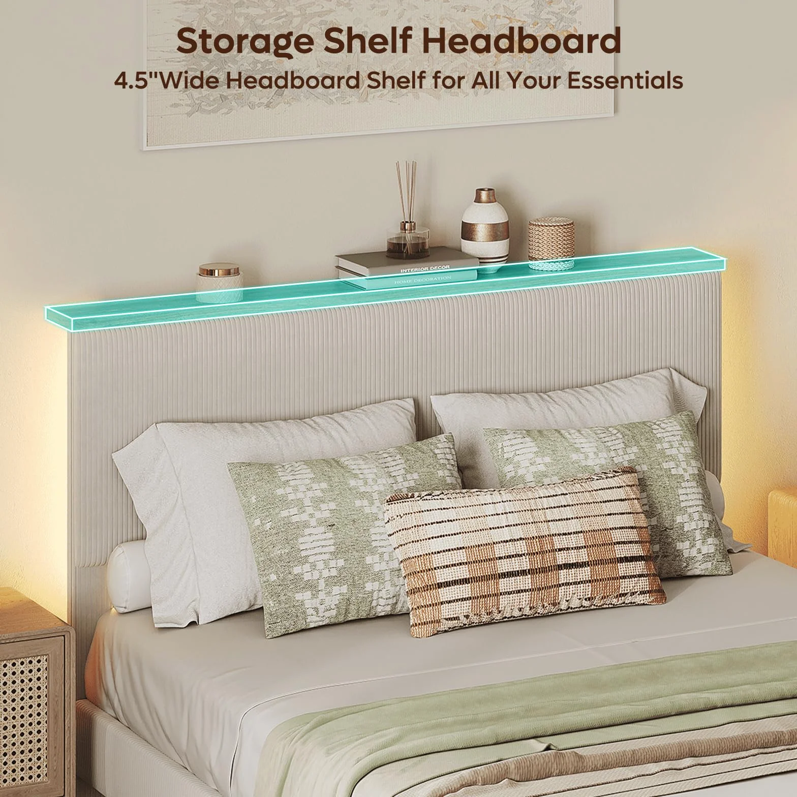Bestier Queen Bed Frame with Storage Headboard & LED, Upholstered, Beige | Corduroy, Upholstered Platform, Storage Headboard Shelf, RGB LED Remote, Wood Slats, No Box Spring, Anti-Squeak, Easy Setup