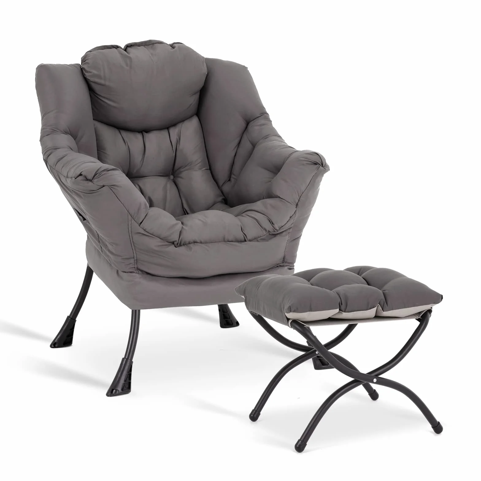 Lazy Chair with Ottoman, Comfy Accent Reading Chair, Dark Grey | Foldable Footrest,Removable Cover,with Armrests and Side Pockets,Upholstered Lounge Chair for Bedroom,Dorm,Office,Small Space