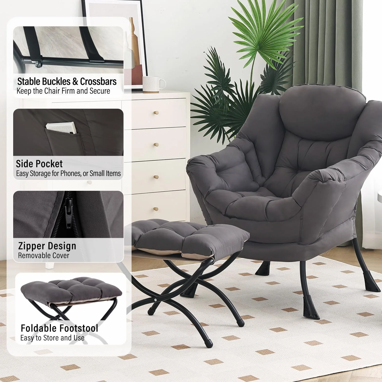 Furlide Lazy Chair with Ottoman, Modern Chair with Folding Footrest, Dark Grey Accent Chair, Comfortable Reading Chair, Oversized Armchairs for Bedroom, Study, Living Room, Courtyard | Accent Lounge Chair with folding Foot Stool, Removable Washable Cover