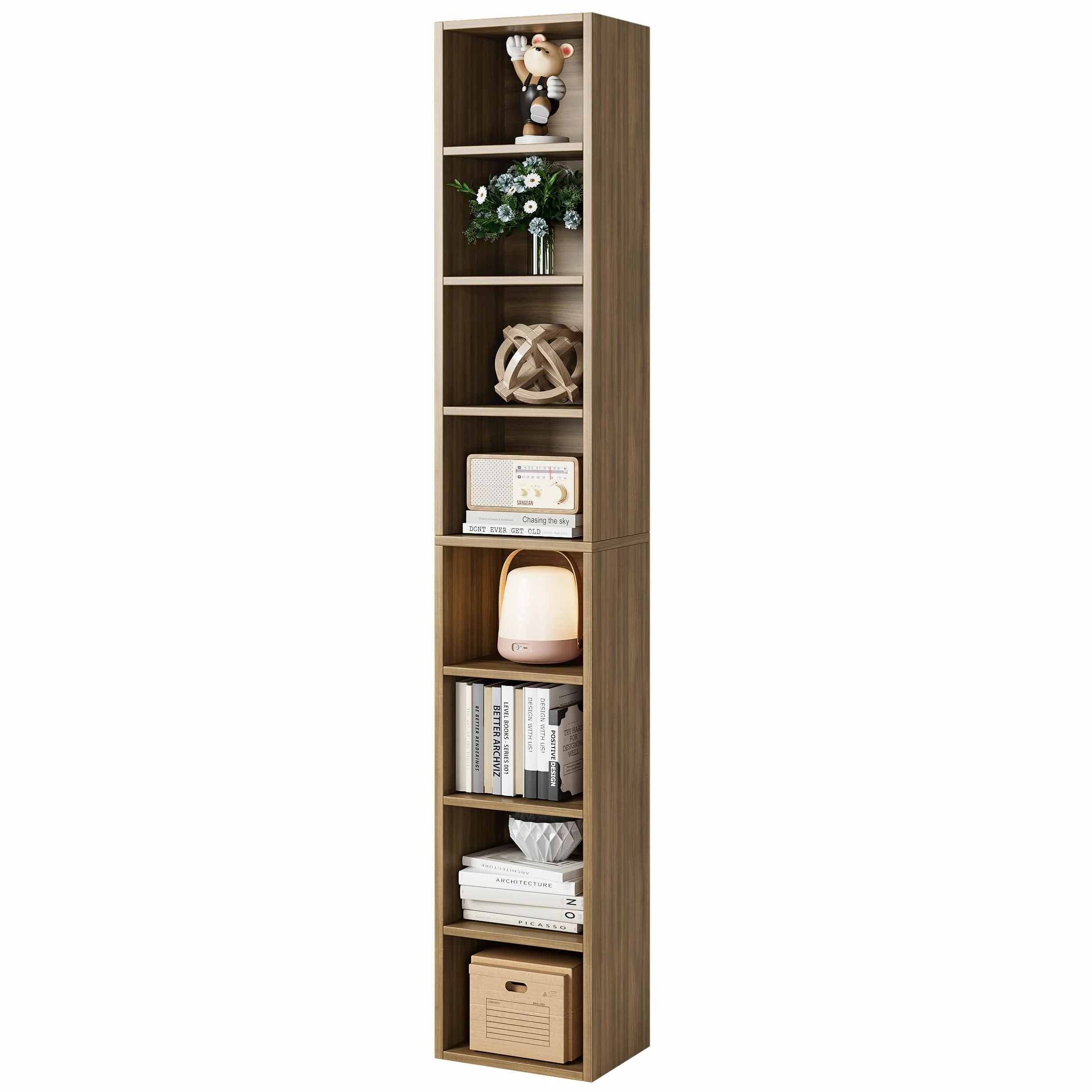 Bamjoy 71 Inches Tall Narrow Bookshelf, 8-Tier Slim CD DVD Media Shelf, Corner Bookcase with Adjustable Shelves, Cube Skinny Bookshelf for Home Office Small Space, Light Walnut