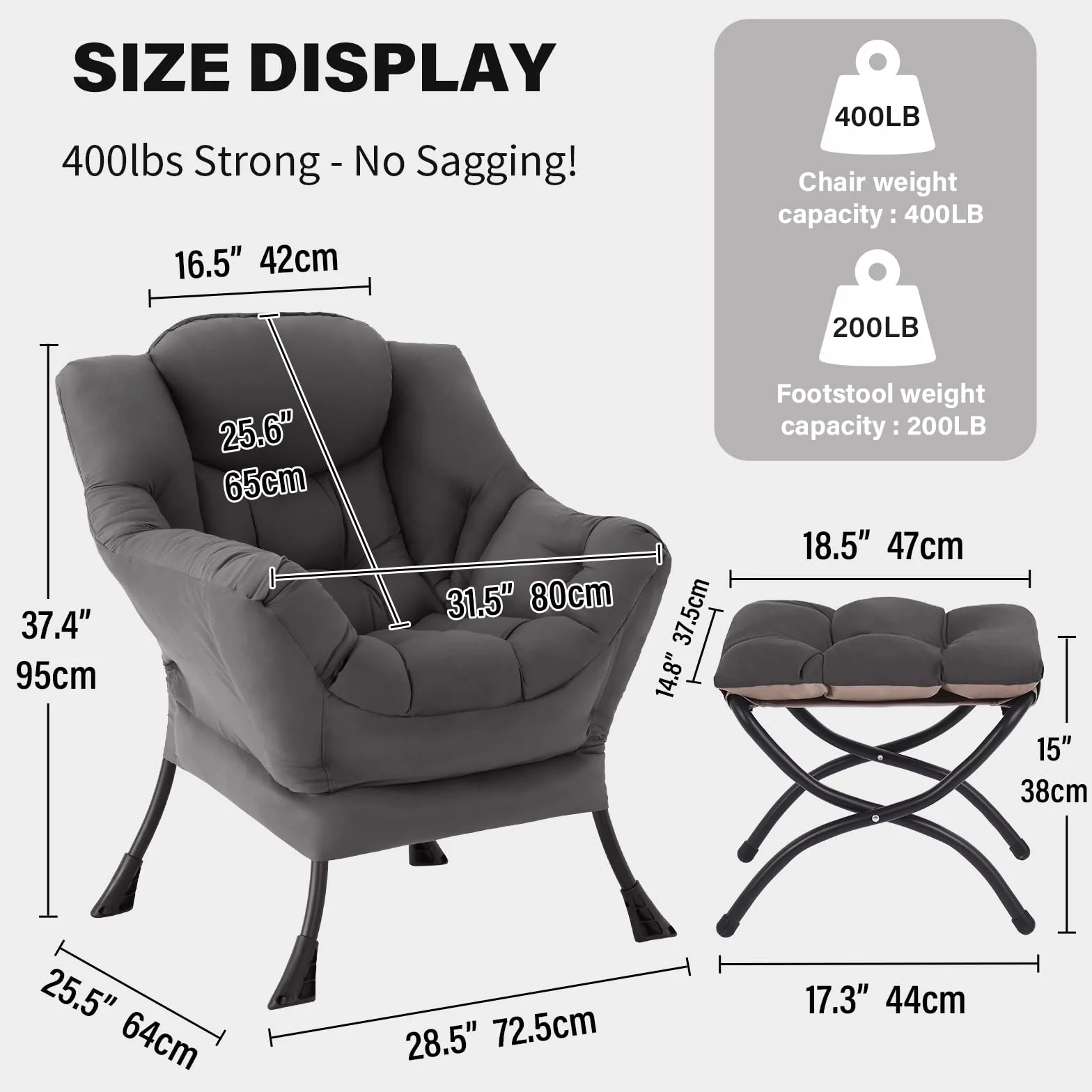 Lazy Chair with Ottoman, Comfy Reading Accent Chair, Dark Grey | Foldable Footrest, Padded Seat and Backrest, Side Pocket for Lounging in Living Rooms, Bedrooms, Dorms and Small Spaces