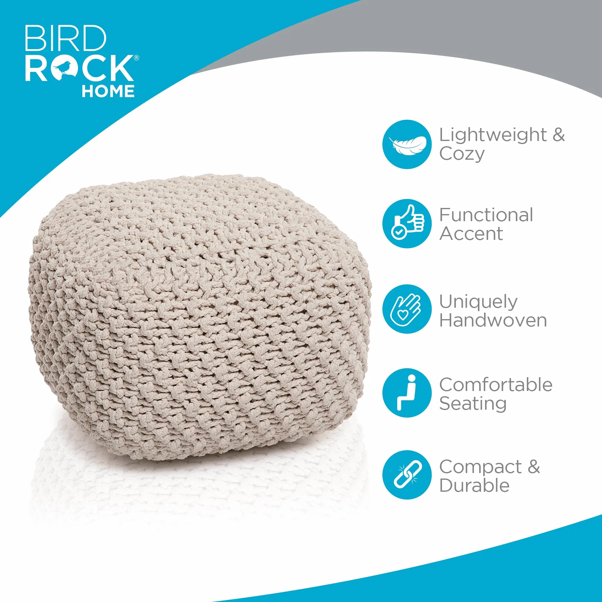 BIRDROCK HOME Square Pouf Ottoman - Cotton Braided Foot Stool with Bean Bag Filling - Compact and Comfortable Seating, Lightweight and Sturdy Boho Foot Rest for Living Room or Bedroom (Natural)