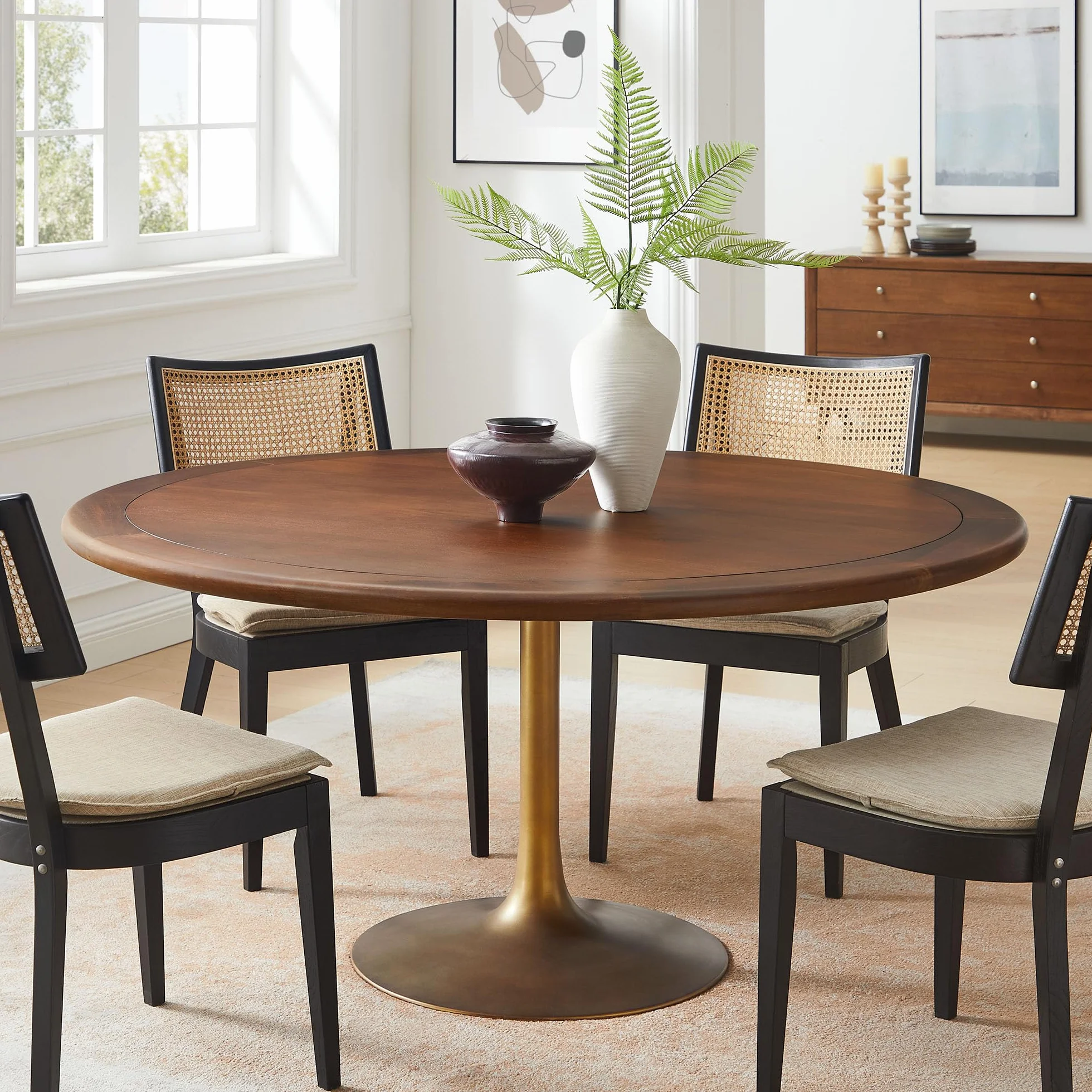 Modway Lippa 60 Inch Round Wood Dining Table with Metal Pedestal in Brass Walnut - Modern Industrial Dining Table for 6 People - Solid Wood Tulip Kitchen Table