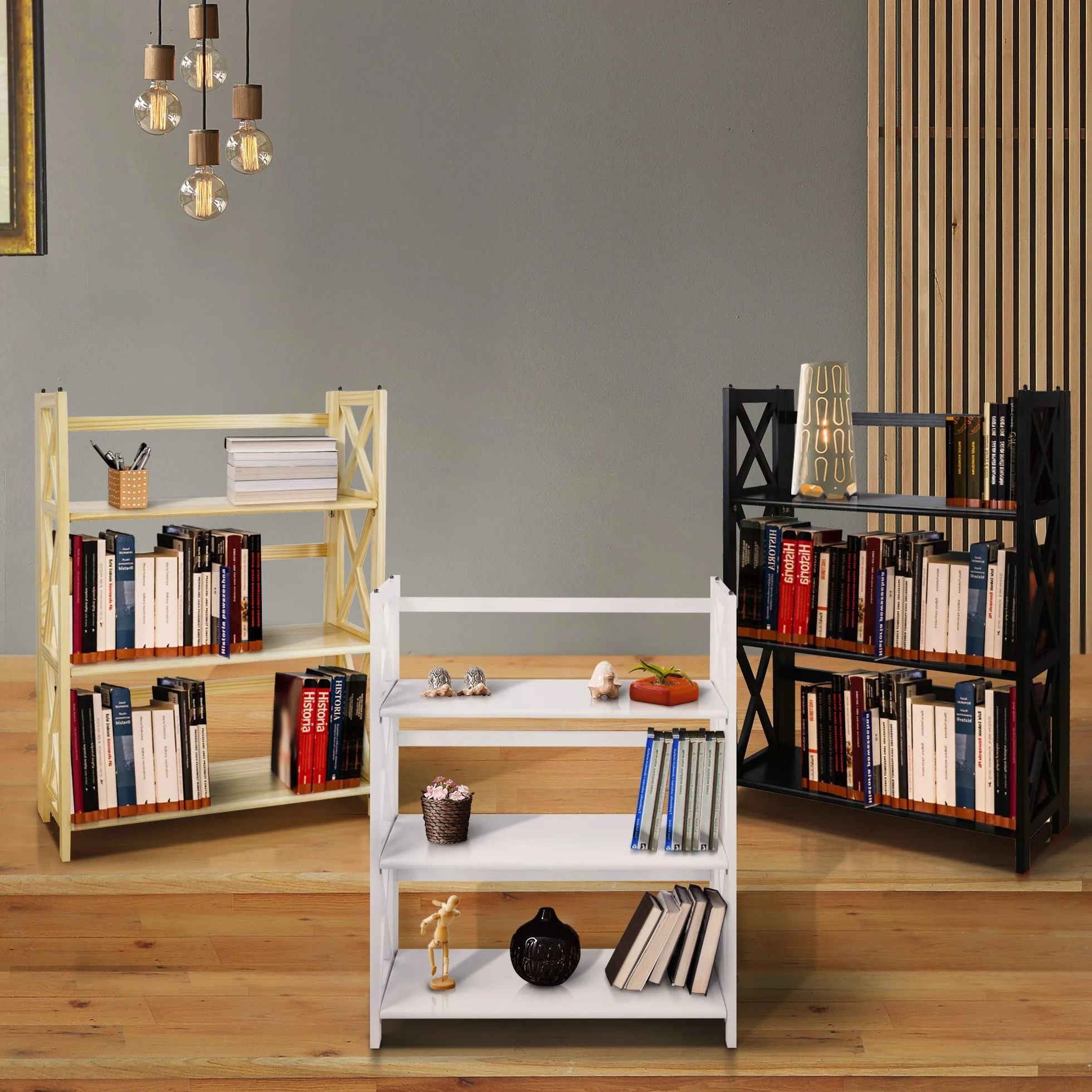 Casual Home Montego 3-Shelf Folding Bookcase, Natural , 27.5" Wide