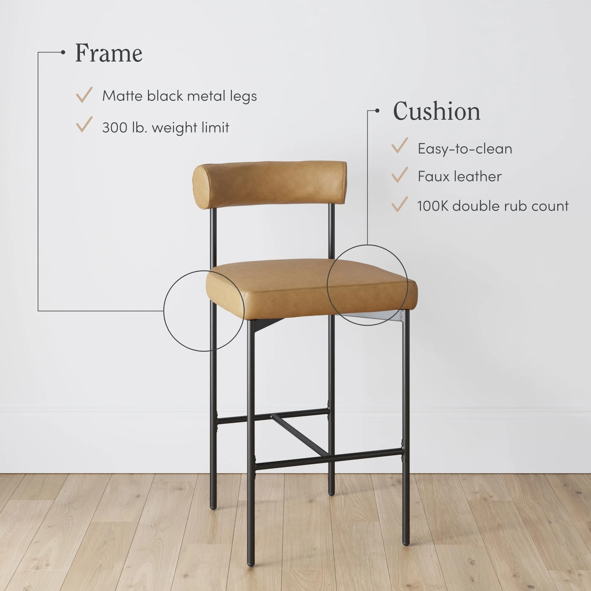 Nathan James Dahlia Counter Height Chair, Modern Barstool with Back, Mid-Century Metal Legs and Leather Padded Cushion for Kitchen, Island and Bars, Brown/Black
